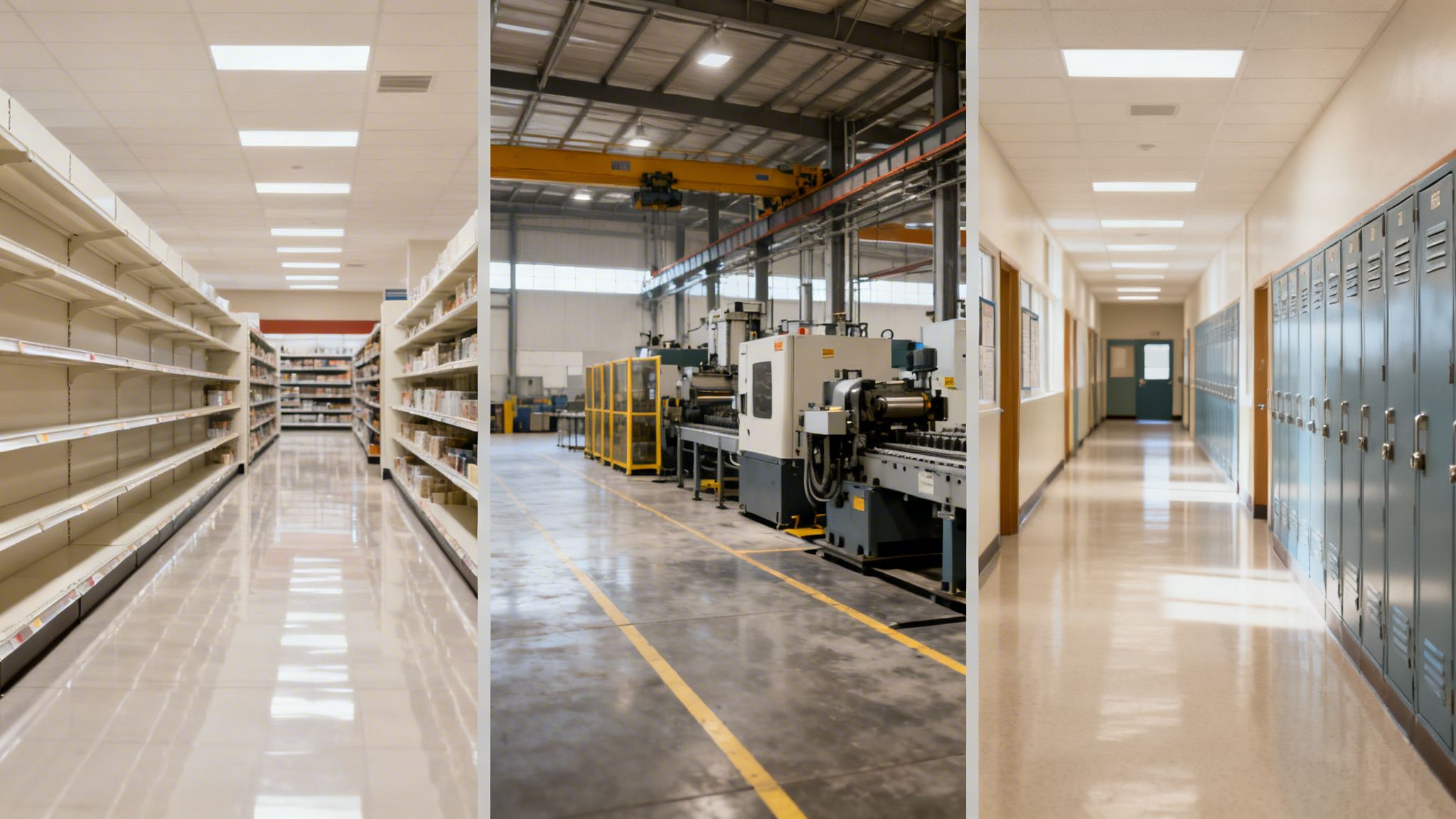 Three commercial interiors: a store aisle, a manufacturing factory, and a school hallway with lockers.