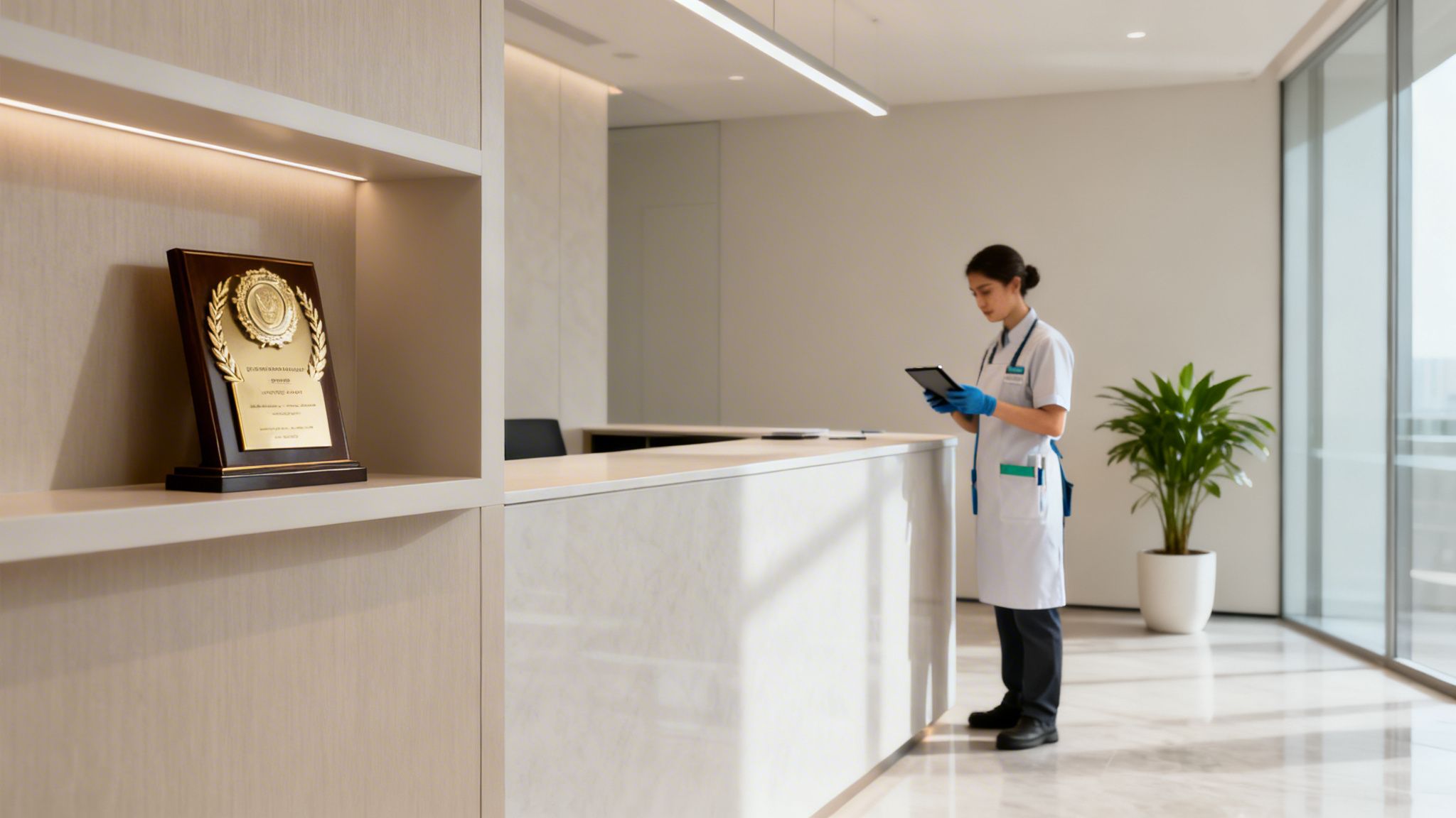 Medical professional using a tablet at a modern, clean reception desk with an award plaque.