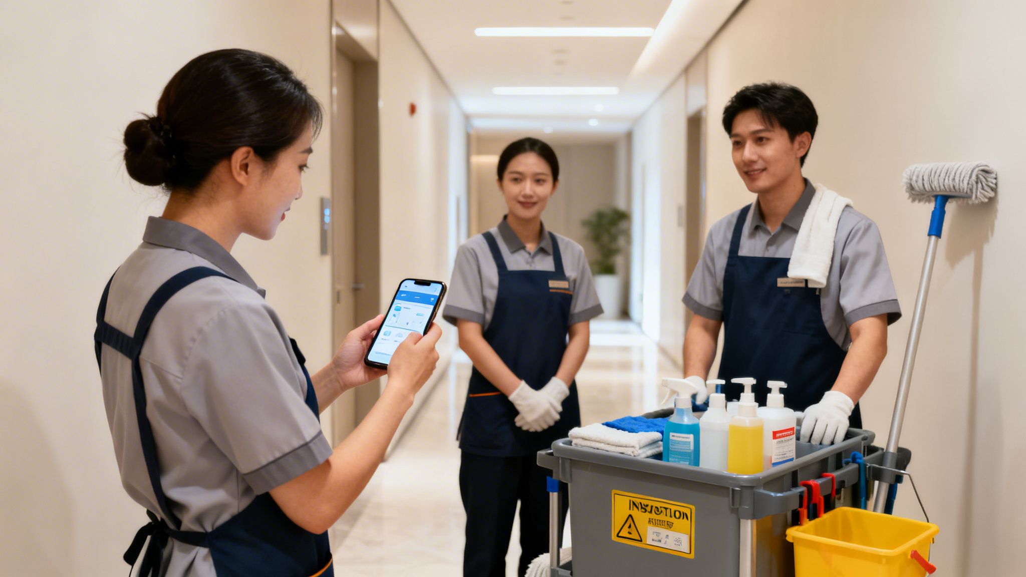 Three professional cleaners in uniform, one checking a cleaning app on a smartphone, with a cleaning cart.