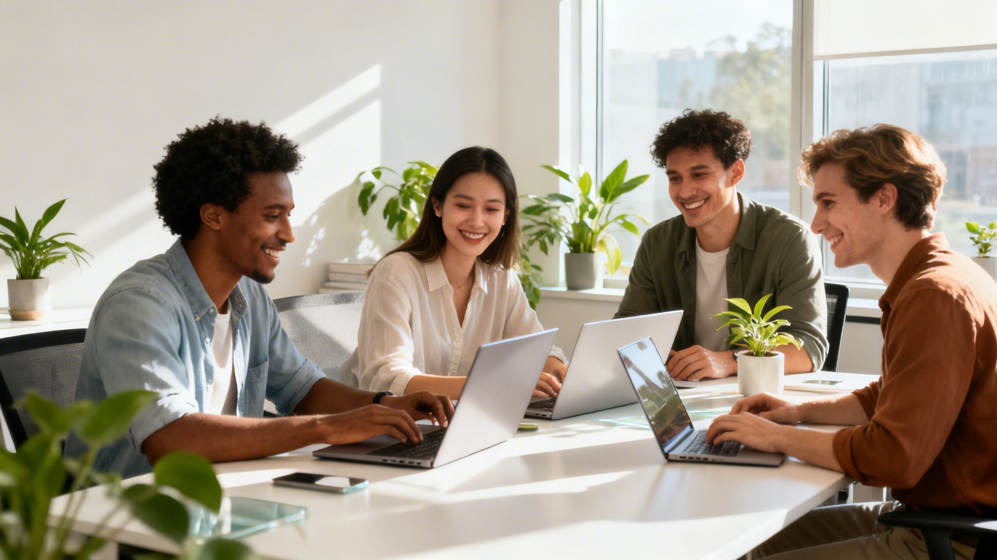Diverse young professionals smiling and working collaboratively on laptops at a bright office table.