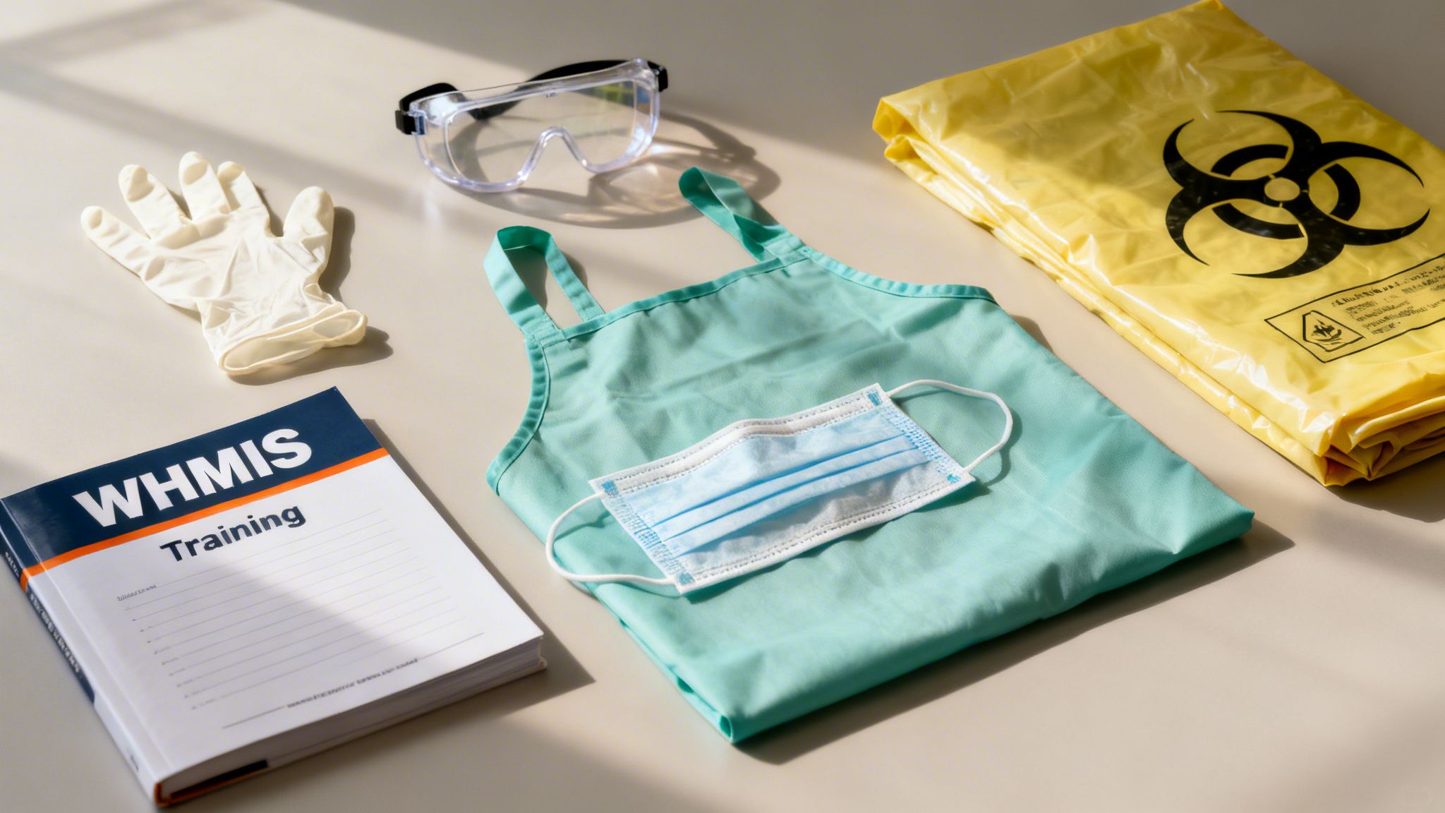 WHMIS training manual, personal protective equipment (gloves, mask, goggles, apron), and a biohazard bag on a table.