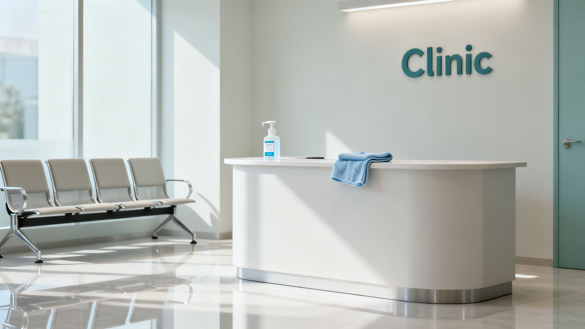 A clean, modern clinic waiting room with a reception desk, hand sanitizer, and seating.