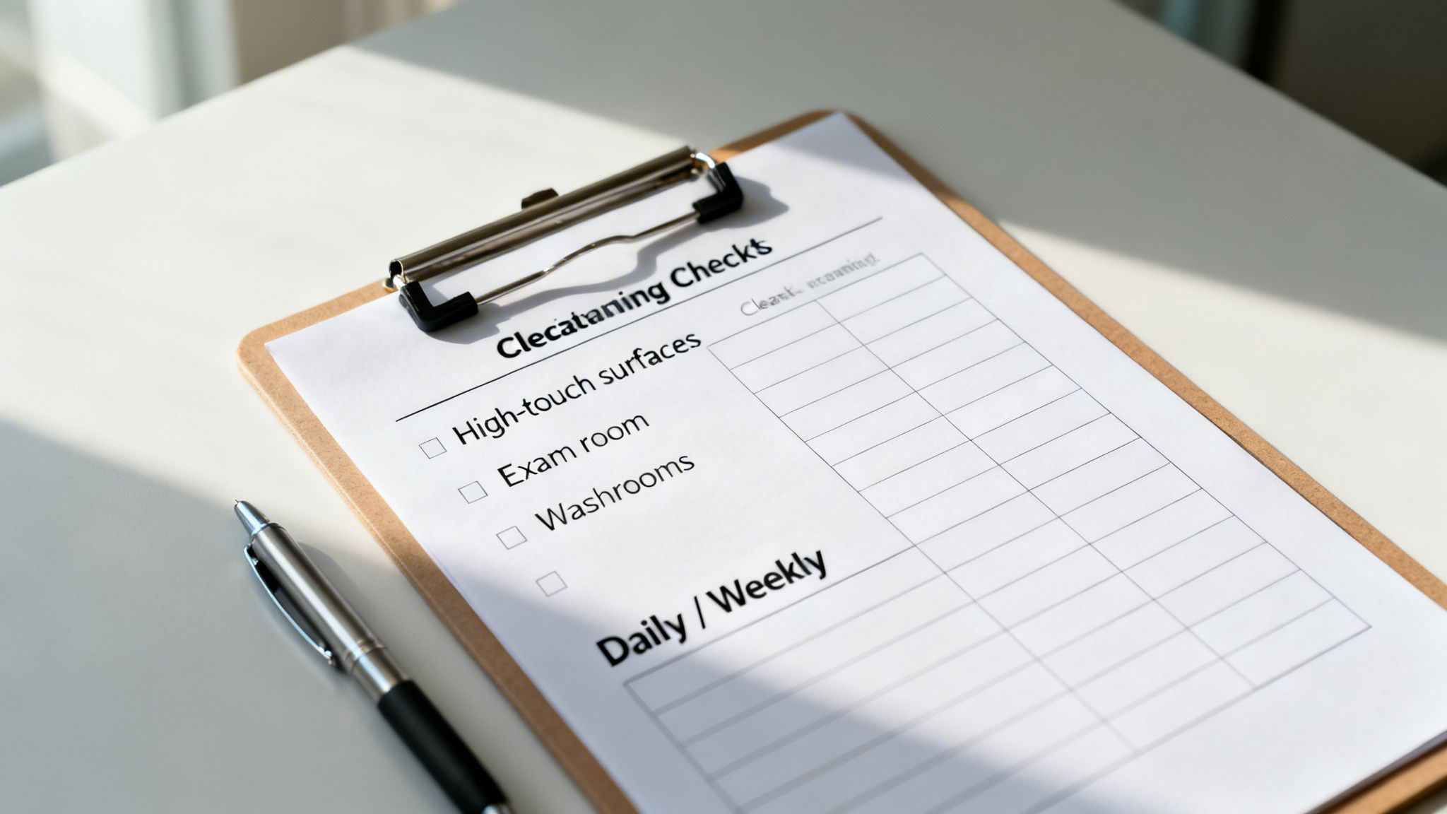 A clipboard with a cleaning checklist titled 'Clecataning Checks' and a pen on a white desk.
