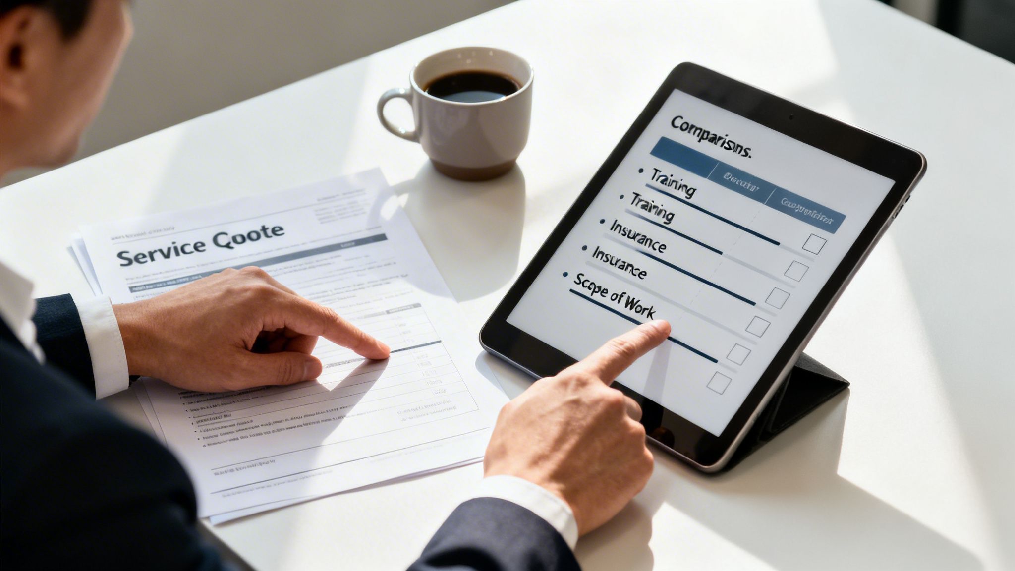 A person compares a printed service quote document with a digital comparison list on a tablet.