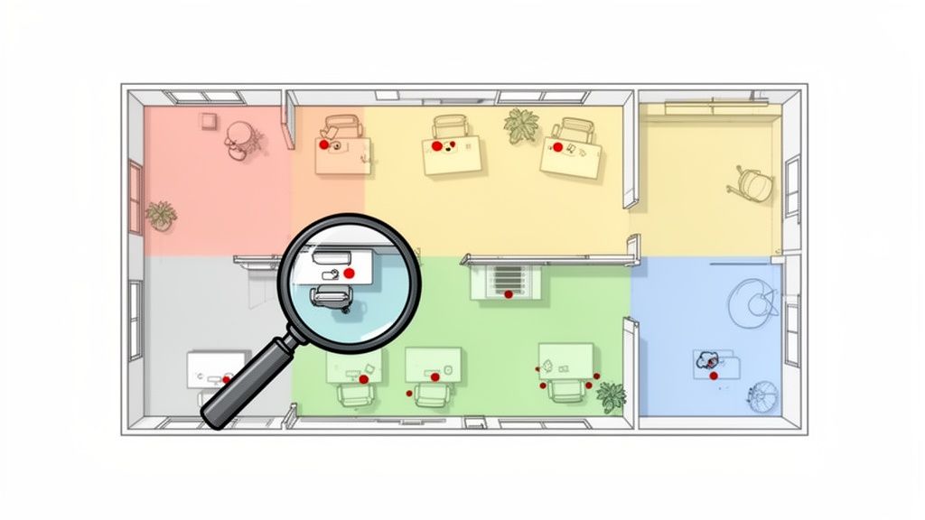 Office floor plan with colored zones, red indicator dots, and magnifying glass highlighting a desk.