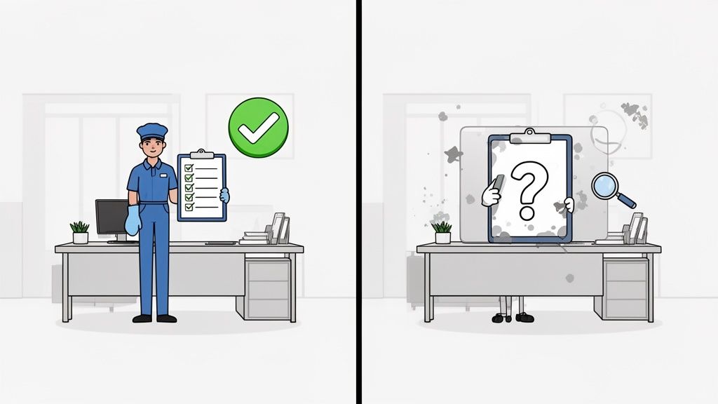 Illustration comparing professional office cleaning with a completed checklist to a dirty office needing inspection.