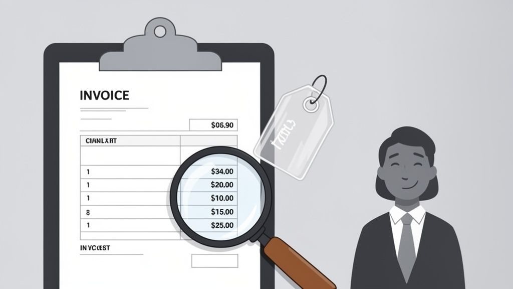 An invoice document on a clipboard, magnified by a glass showing prices, next to a person and price tag.