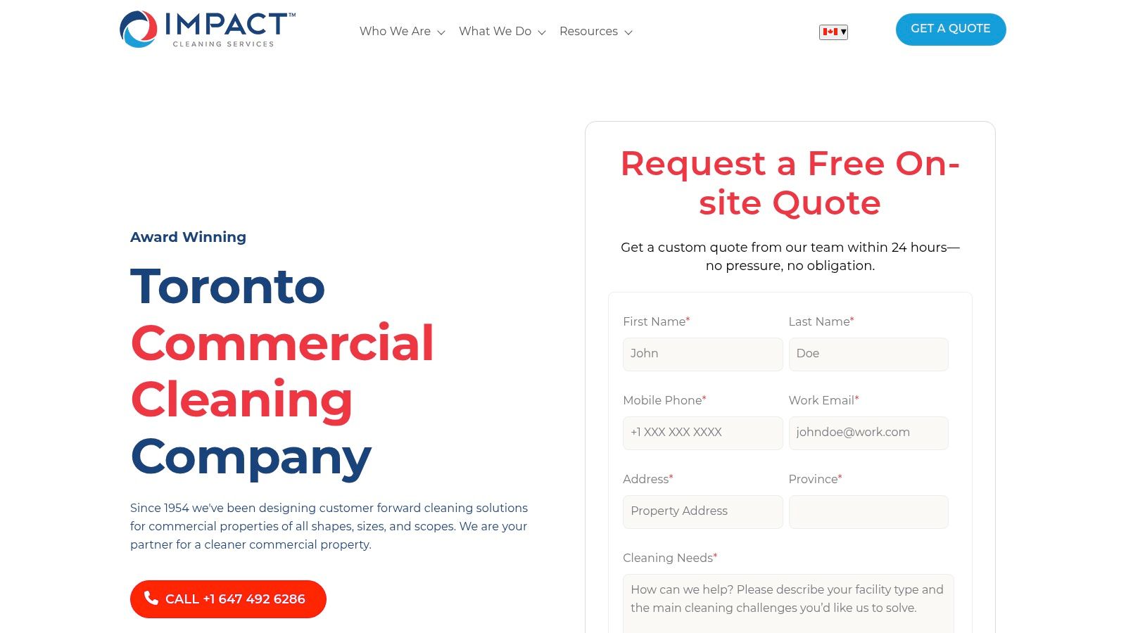 Impact Cleaning Services Toronto cleaning company office quote form