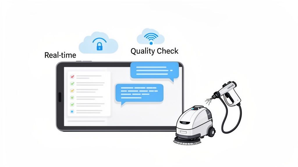 A tablet displays real-time quality checks and chat, alongside a robotic scrubber and spray gun, representing smart cleaning.