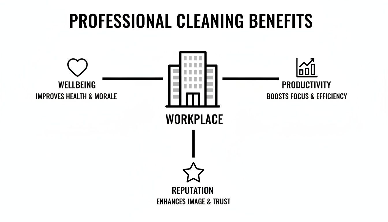 Infographic detailing professional cleaning benefits, improving workplace health, productivity, and business reputation.