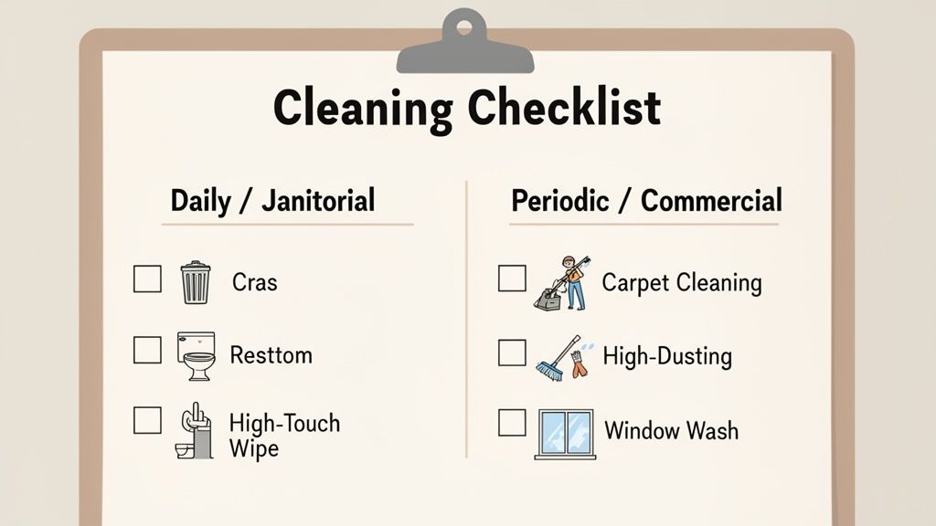 A cleaning checklist showing daily janitorial and periodic commercial tasks with accompanying icons.