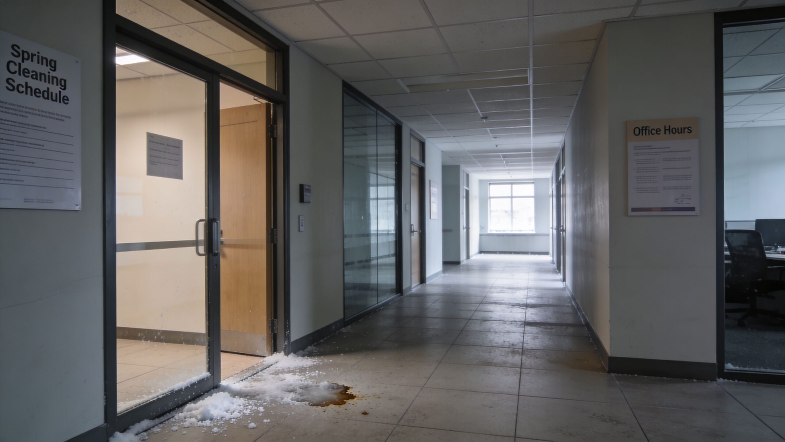 A commercial hallway features a doorway with snow blown onto the tile floor near a cleaning schedule.