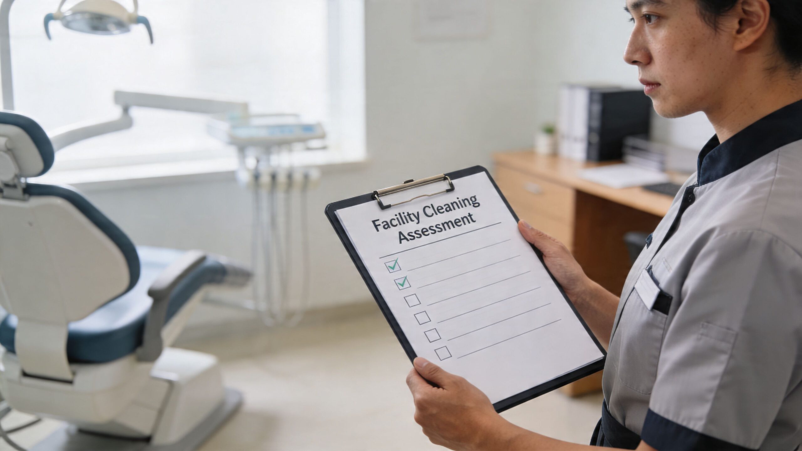 A professional male cleaner holding a facility cleaning assessment clipboard in a modern dental clinic office.