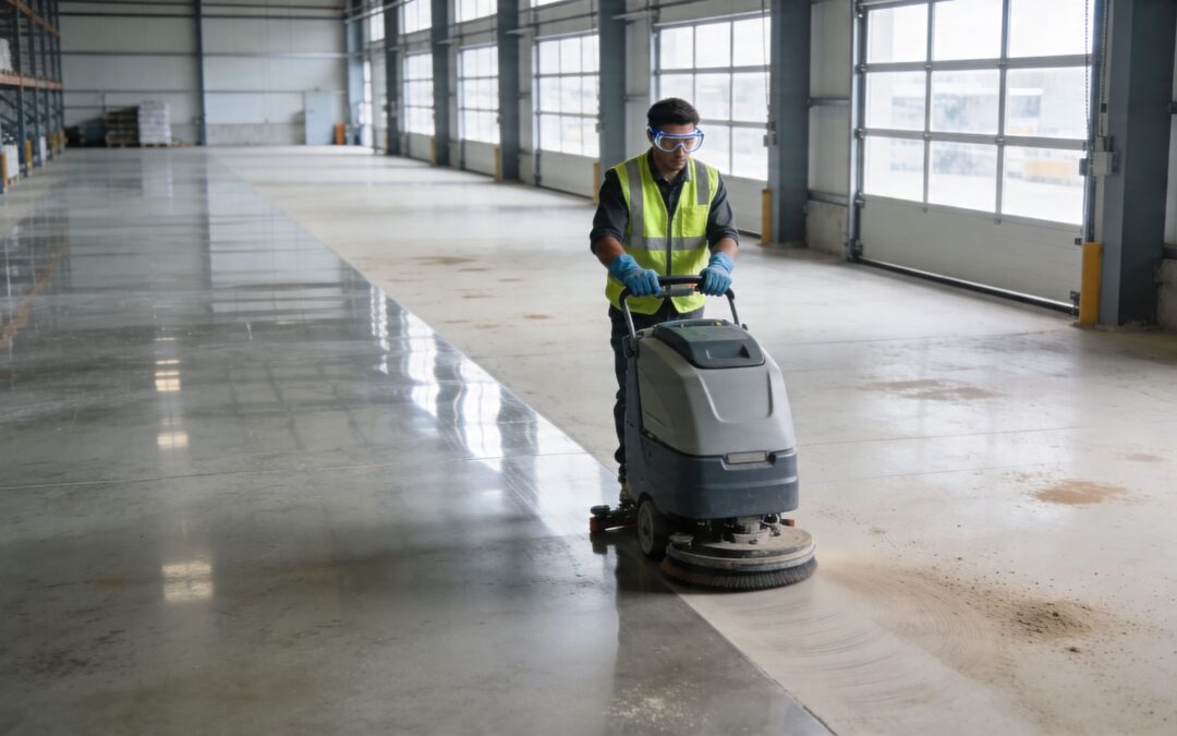 Learn how to clean concrete floor in commercial settings. Our guide covers degreasing, sealing, stain removal, safety compliance, and when to hire pros.