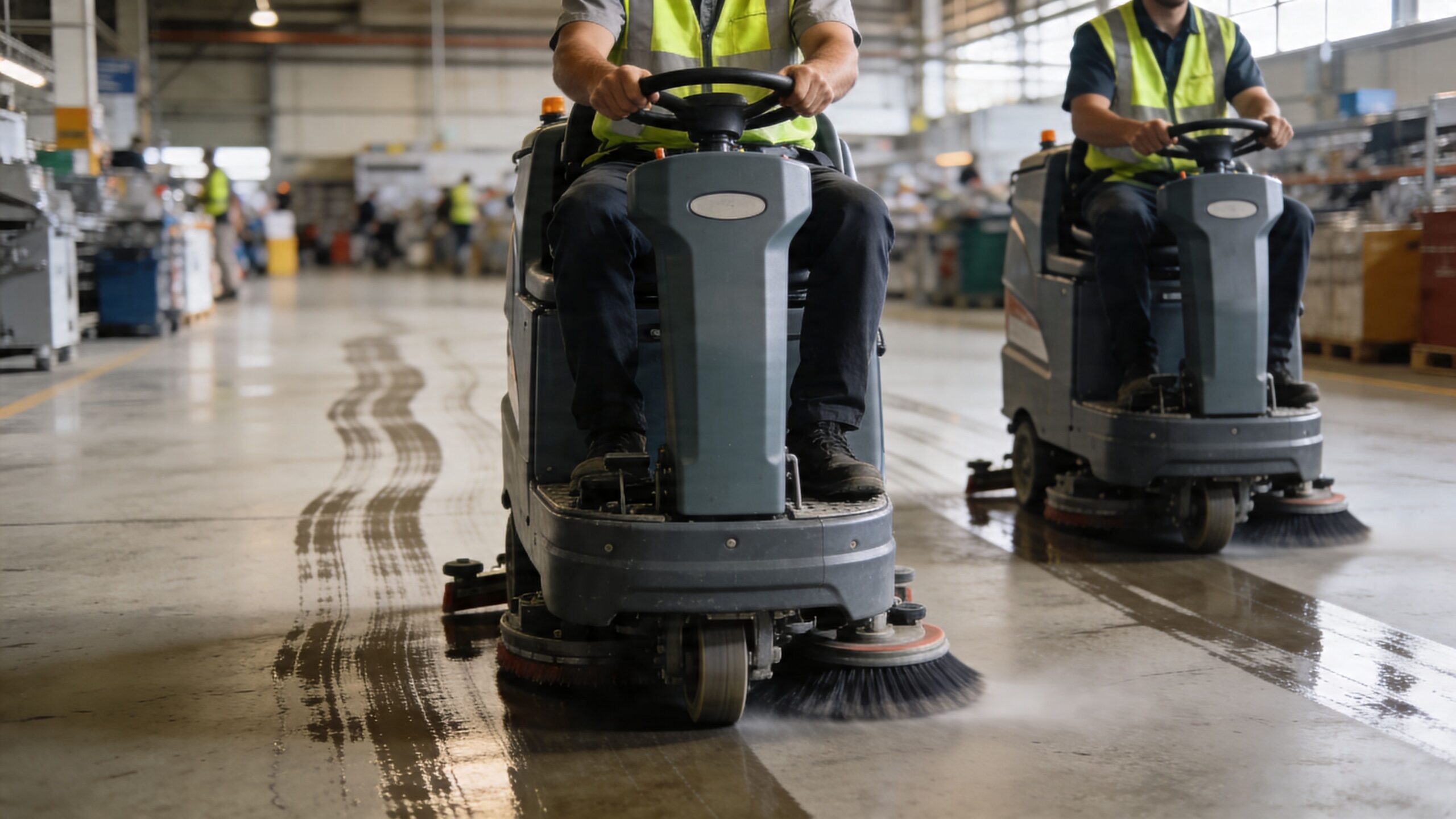 Two workers operating ride-on floor scrubber machines to clean a large industrial warehouse concrete floor.