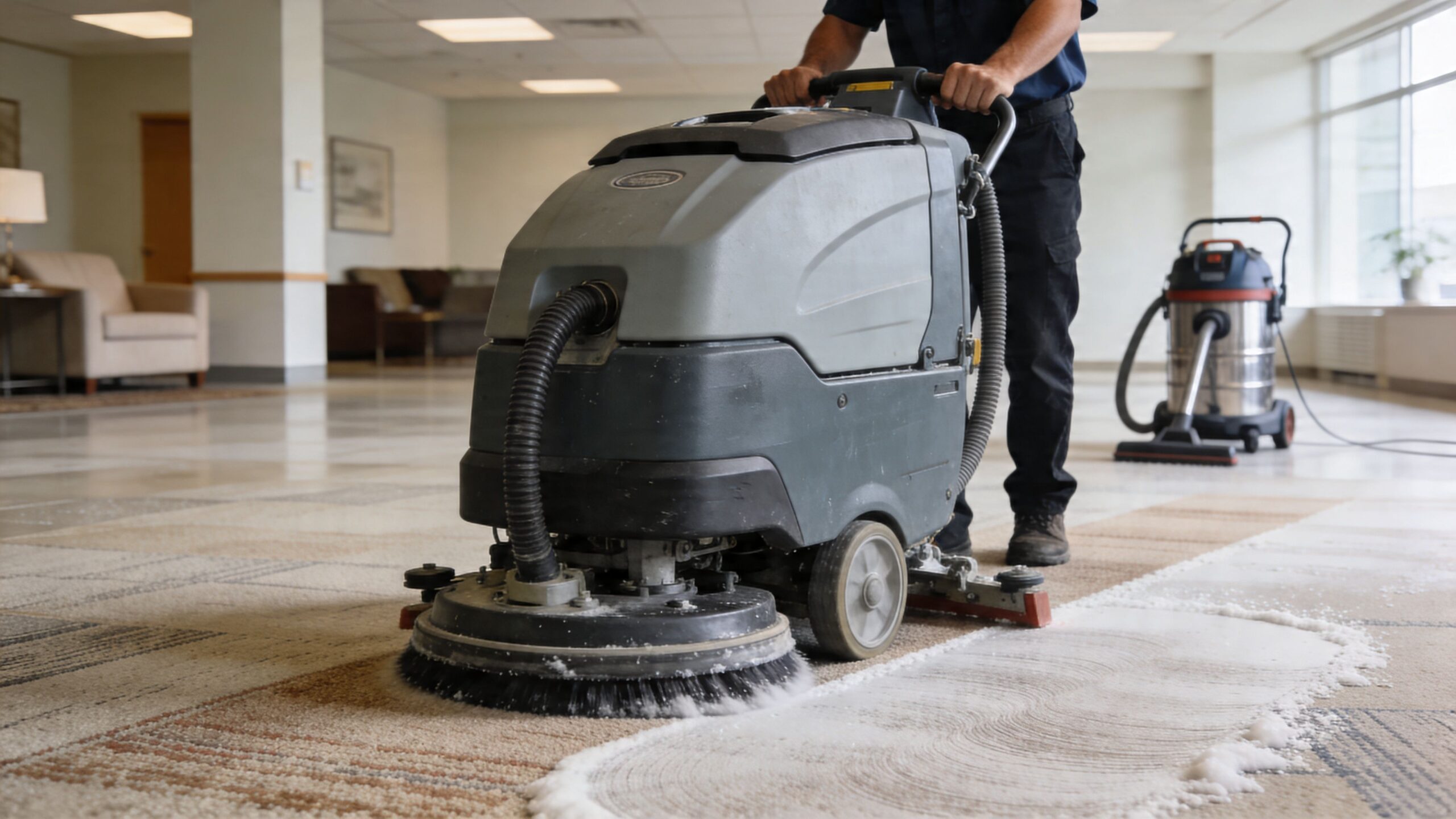 A professional cleaner using an industrial floor scrubbing machine to deep clean a commercial carpeted office area.