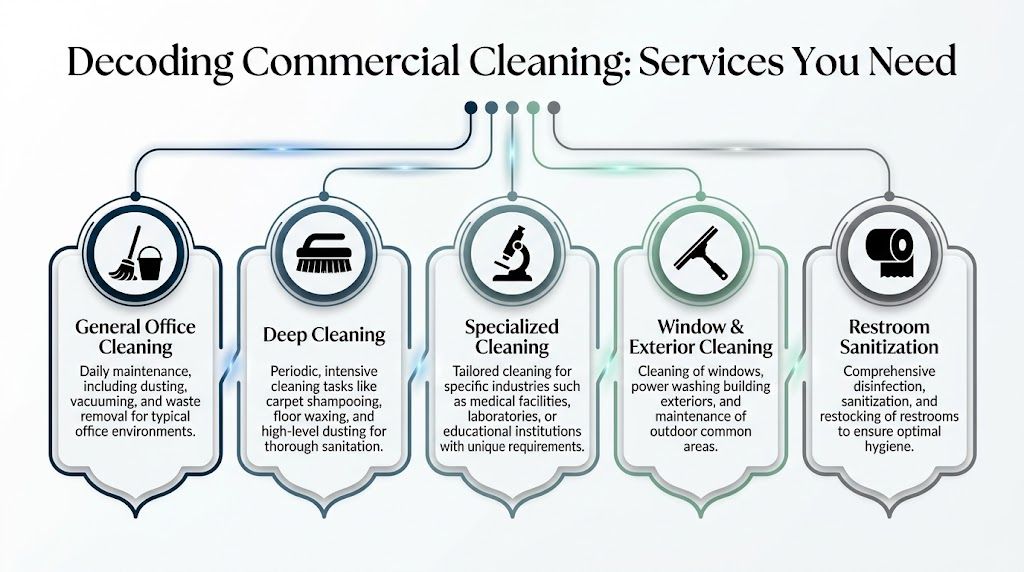 An infographic titled Decoding Commercial Cleaning outlining services like general office cleaning, deep cleaning, specialized, window, and restroom.