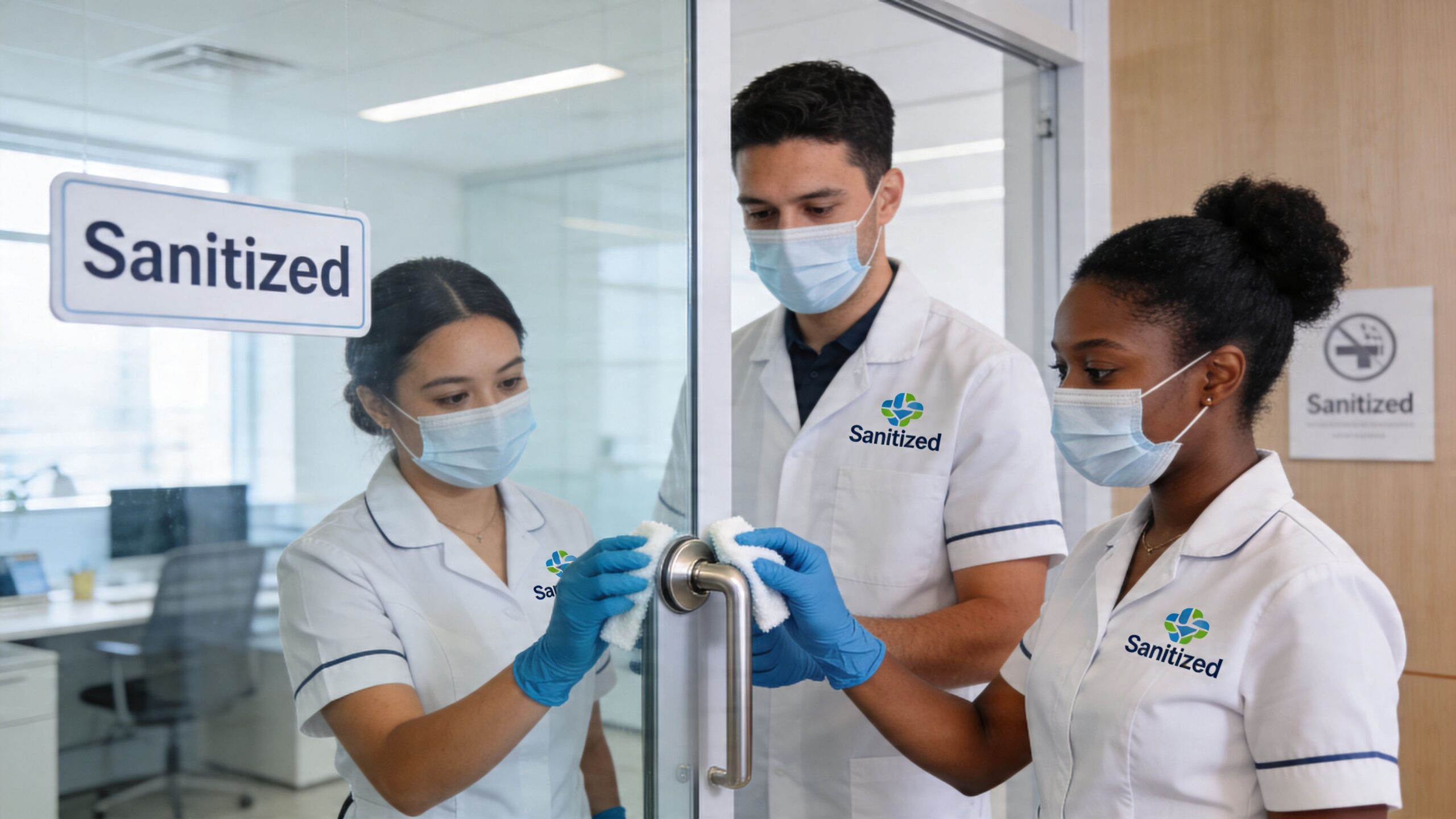 Two women and one man wearing white uniforms and face masks sanitizing a glass office door handle.