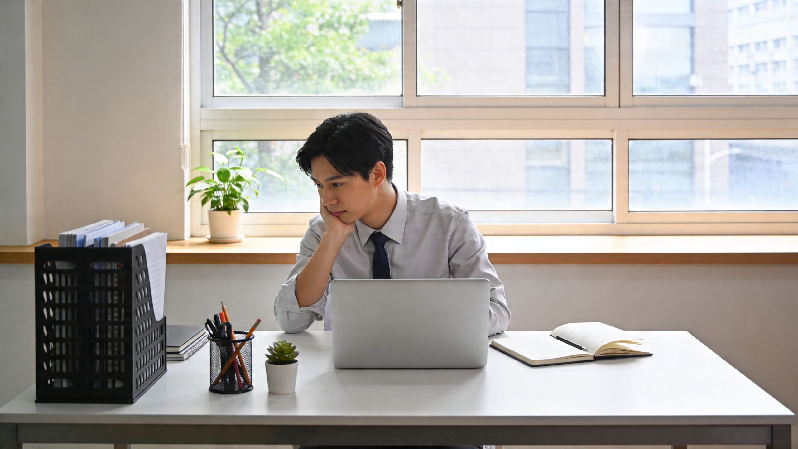 A young professional man sitting at an office desk appearing tired and stressed while working on his laptop.