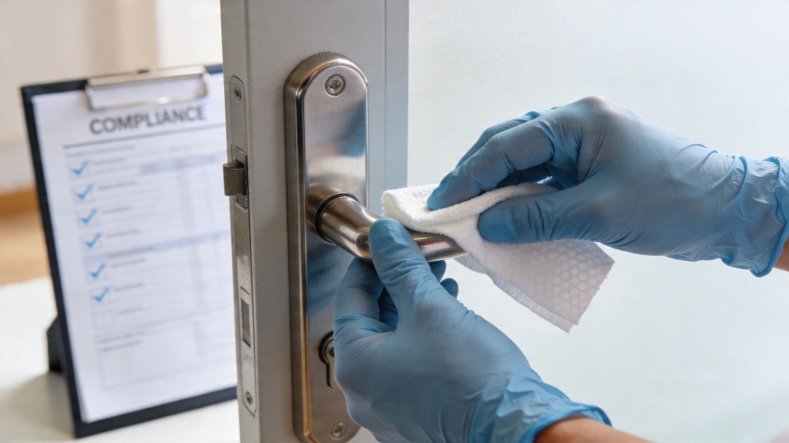 A person wearing blue medical gloves sanitizing a metal door handle with a white cleaning wipe.