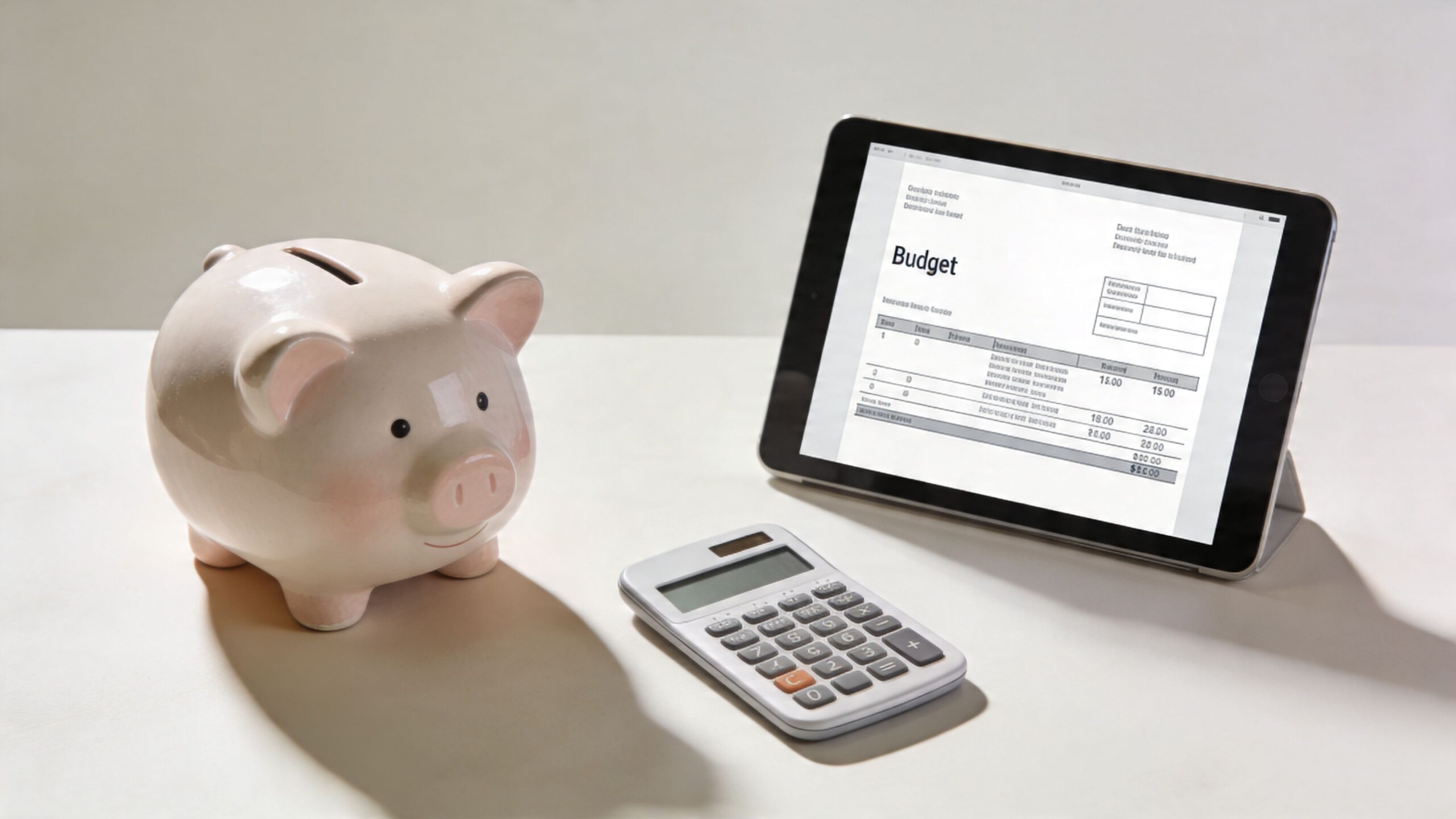 A piggy bank sits next to a digital tablet displaying a budget spreadsheet and a handheld calculator.
