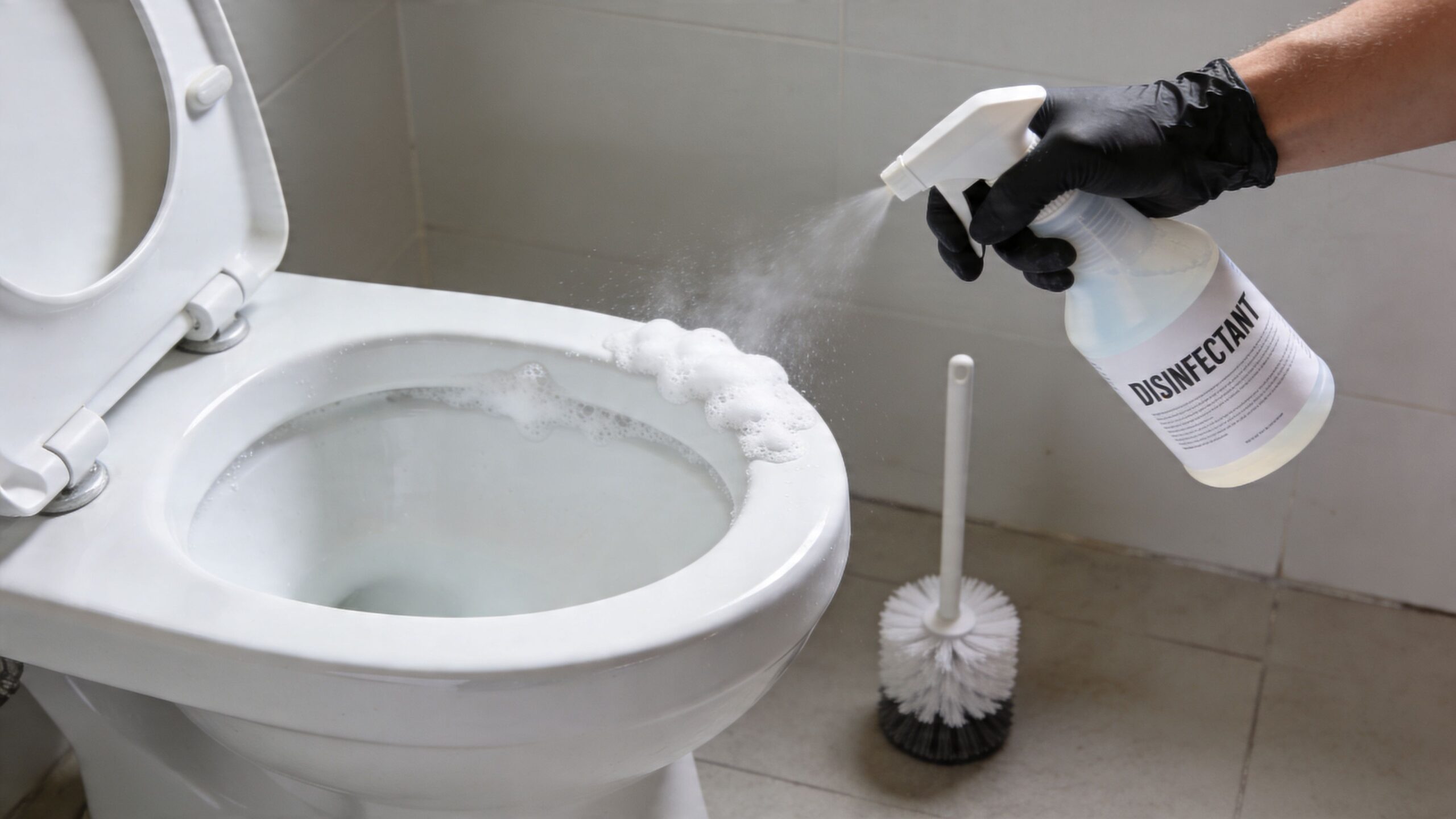 A person wearing black gloves sprays disinfectant onto the rim of a white toilet in a bathroom.