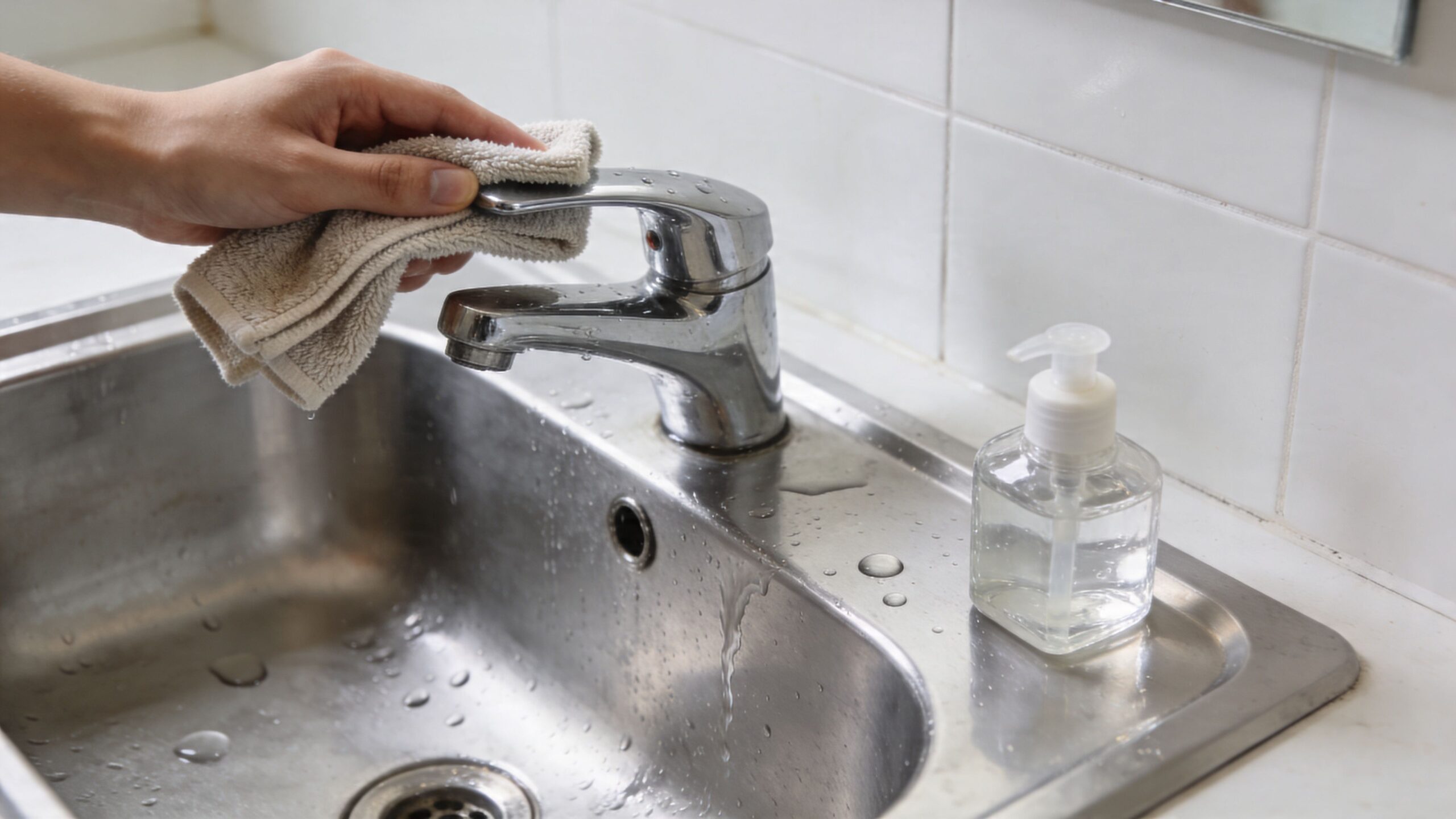 A person cleaning a chrome bathroom faucet with a small cloth near a soap dispenser.