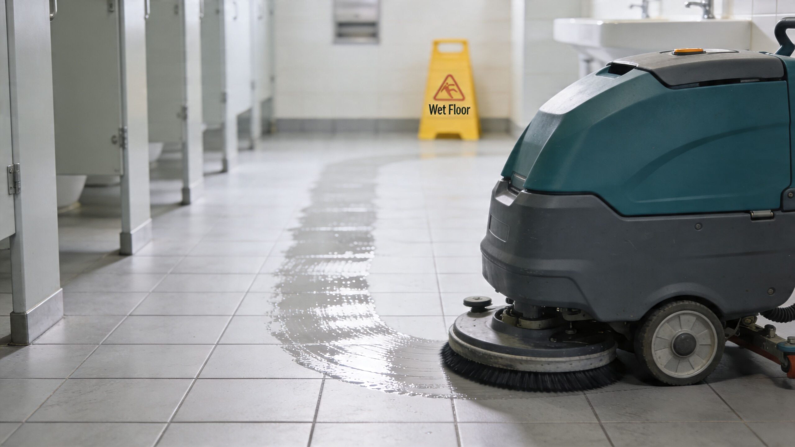 A professional floor scrubber machine cleaning a tiled restroom floor with a yellow wet floor sign