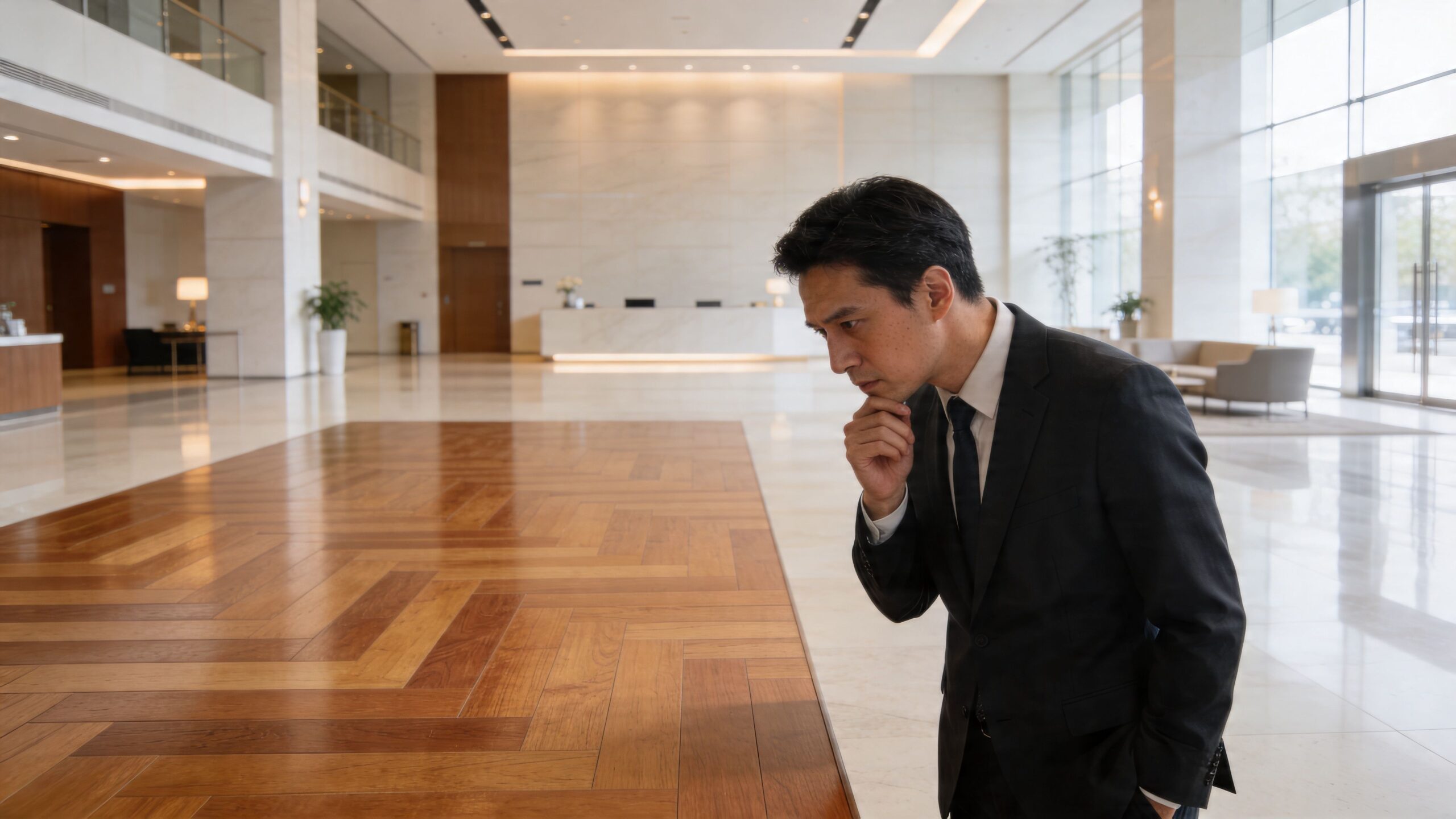 A professional man in a business suit stands in a lobby, looking down at polished hardwood floors.