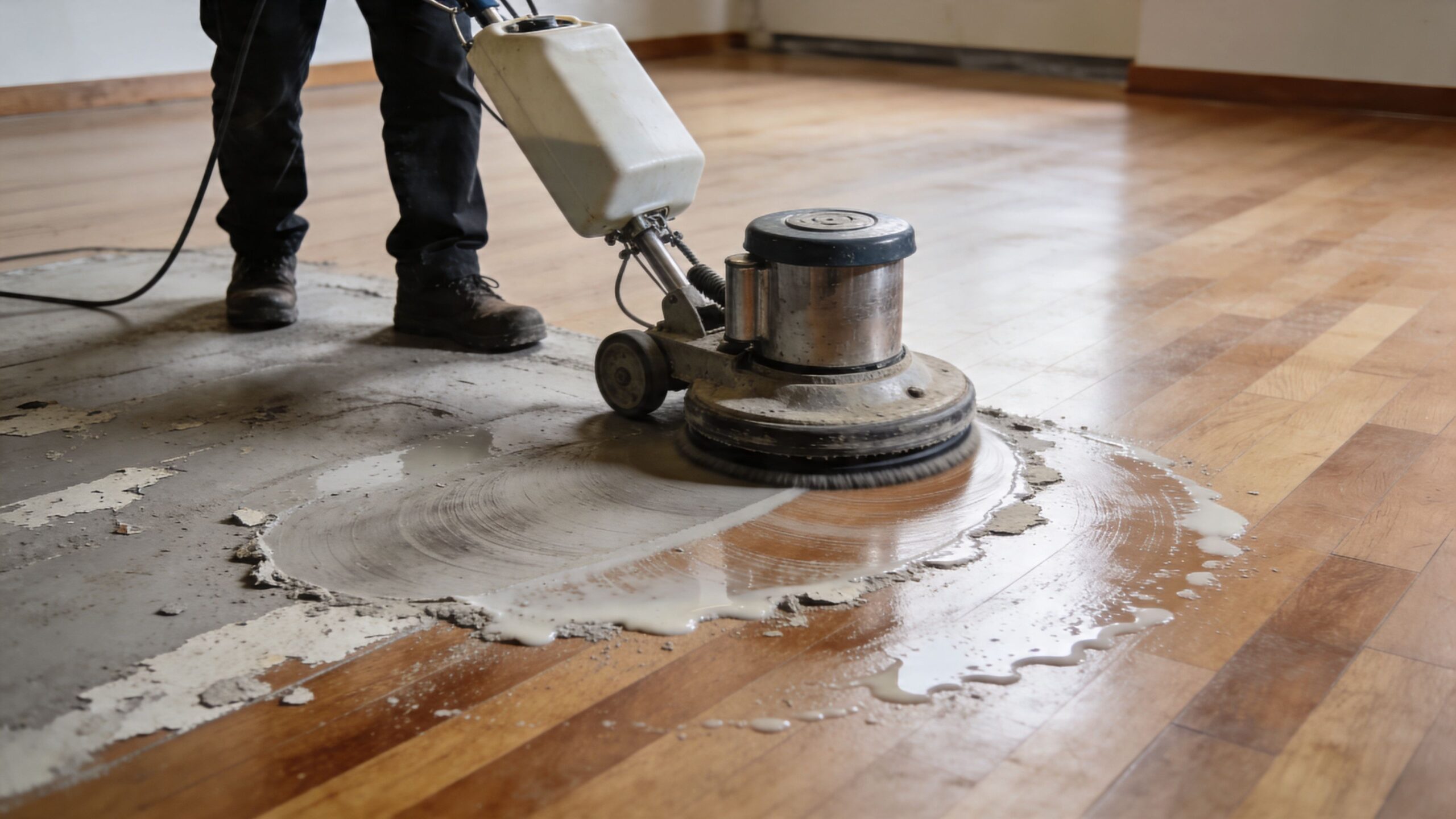 A professional uses a heavy-duty floor polishing machine to remove old wax from hardwood floors.