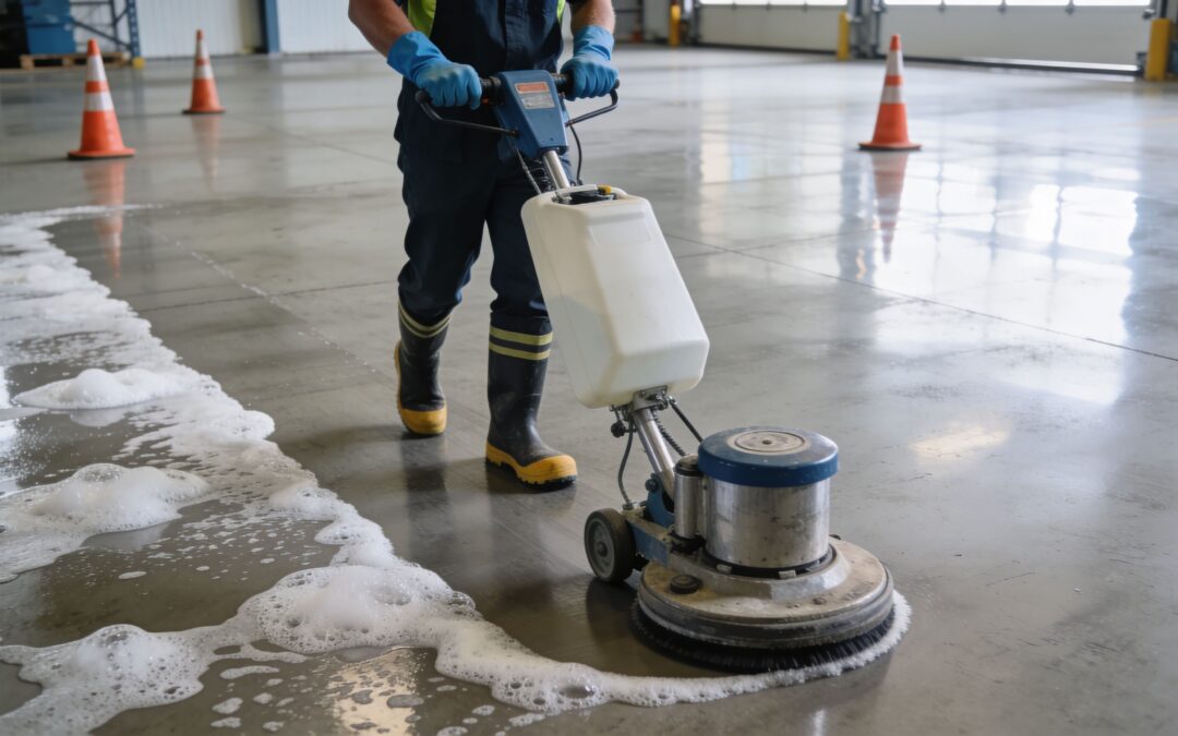 Master commercial concrete floor cleaning with our step-by-step guide. Learn to prep, clean, seal, & maintain floors for safety & longevity.