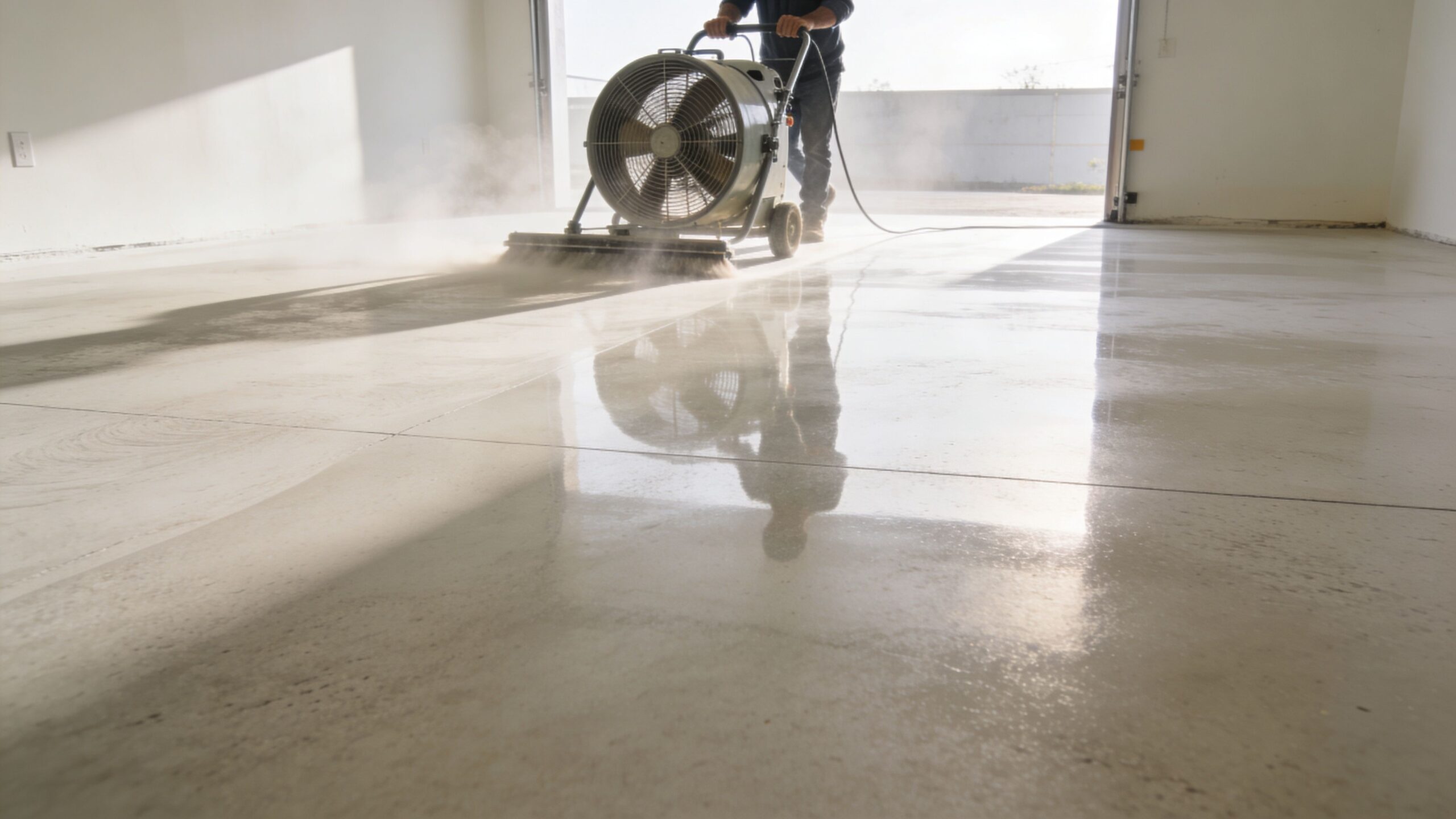 A professional worker using an industrial floor scrubbing machine to polish a reflective concrete floor in a garage.
