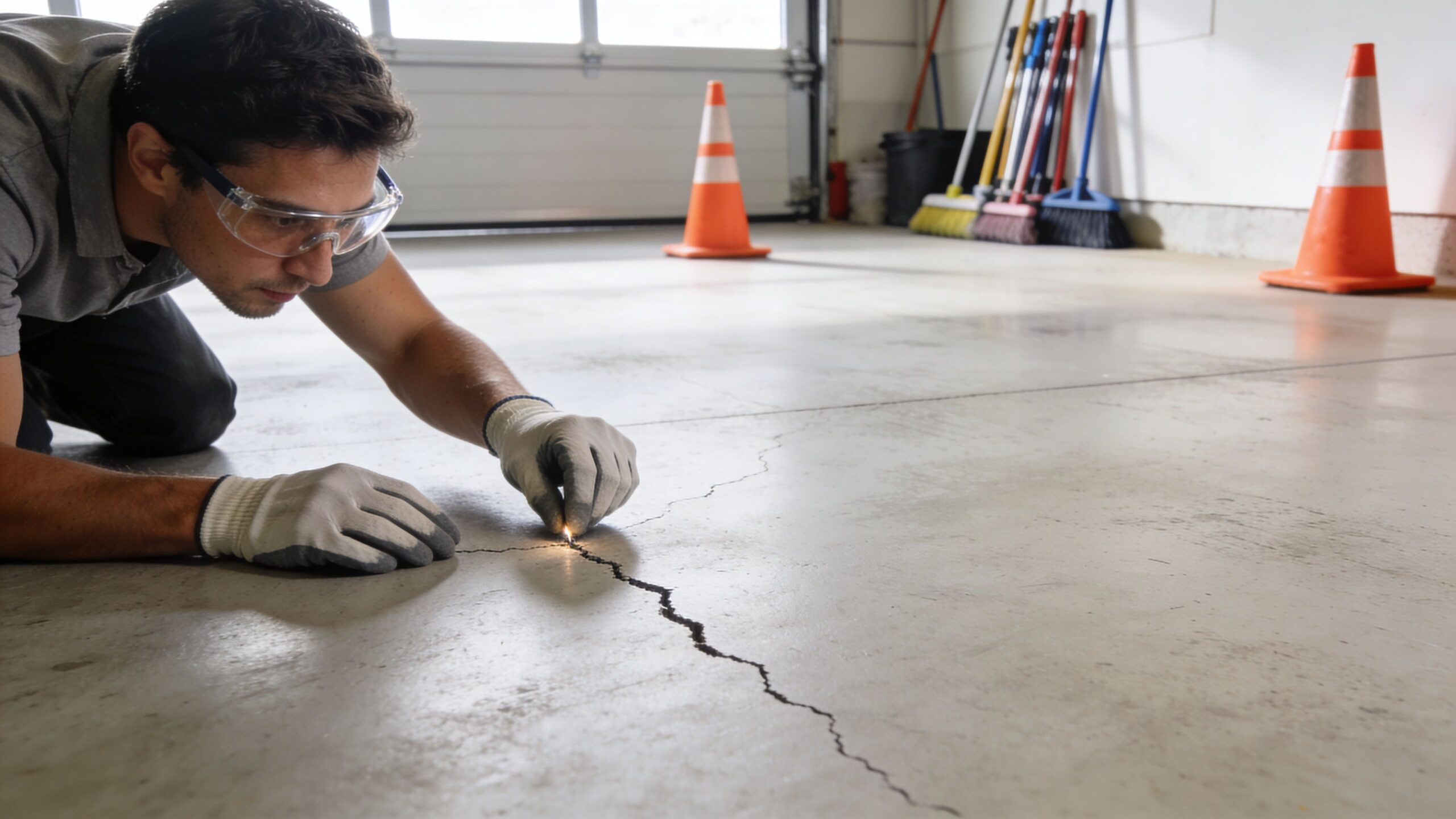 A man wearing safety glasses and gloves inspects a crack in a concrete floor in a garage.