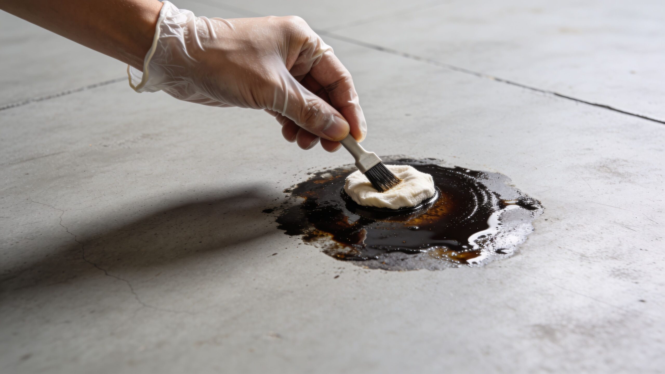 A person wearing a clear glove cleaning an oil spill on a gray concrete floor with a brush.