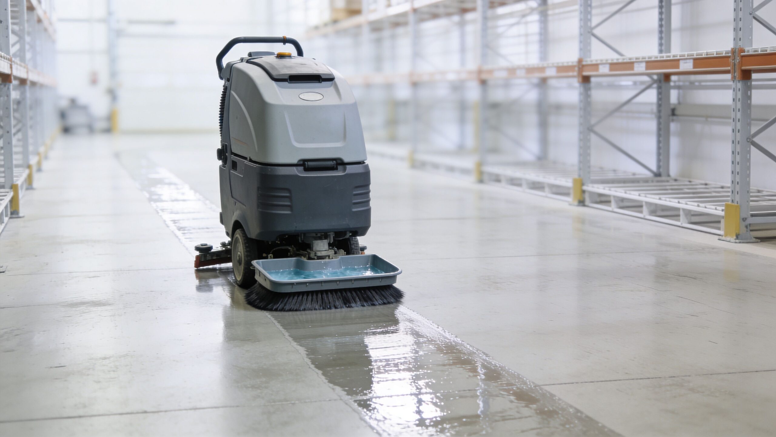 A commercial industrial floor scrubber cleaning a large, empty warehouse floor between rows of metal shelving racks.