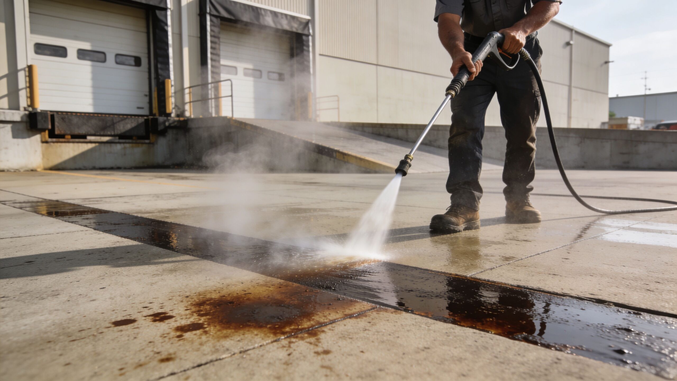 A worker using a high-pressure washer to clean grease stains off a concrete warehouse loading dock floor.