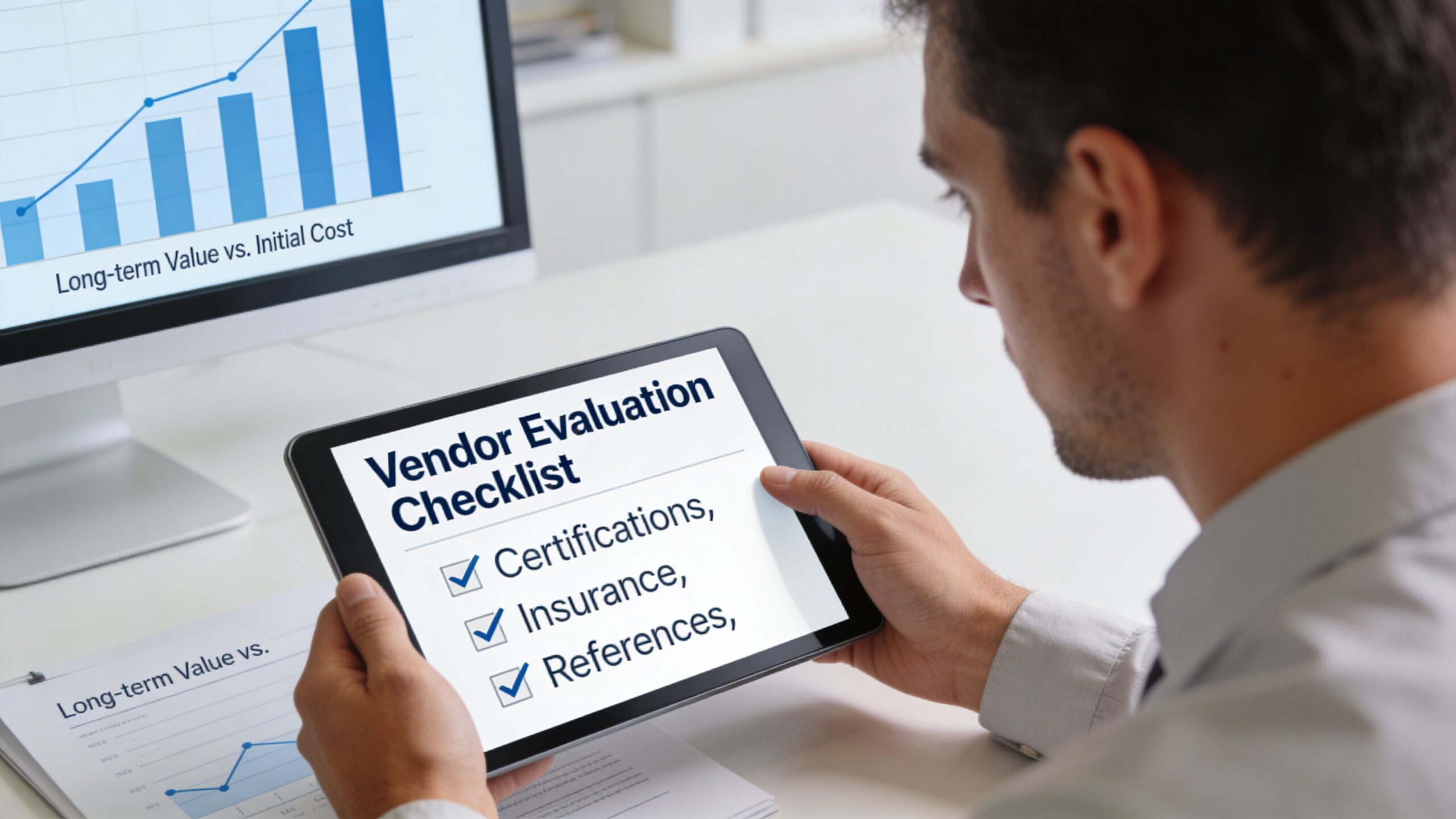 A businessman reviewing a vendor evaluation checklist on a digital tablet at his office desk.