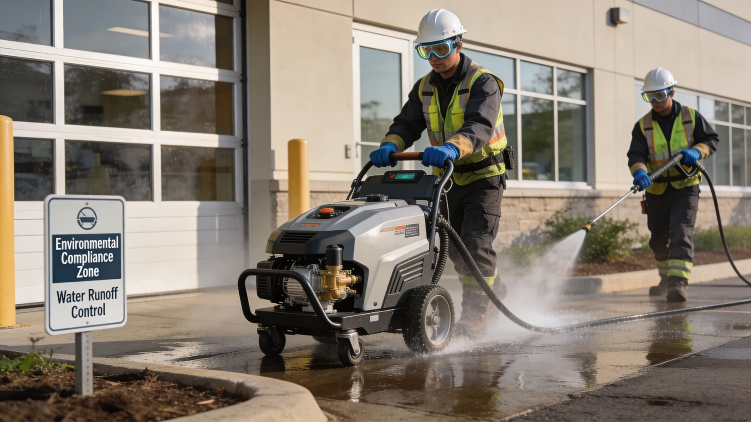 Two workers in safety gear and helmets using pressure washers to clean an outdoor surface.