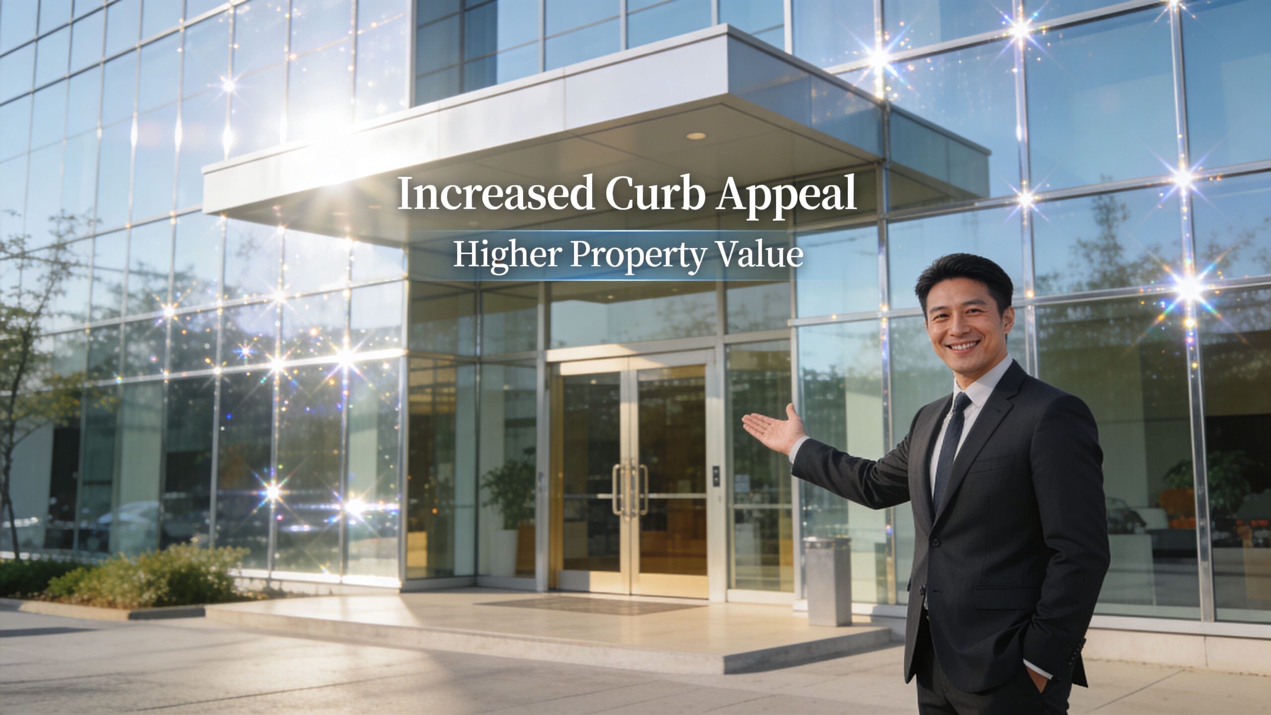 A professional man in a suit gesturing toward a modern glass office building entrance, promoting property value.