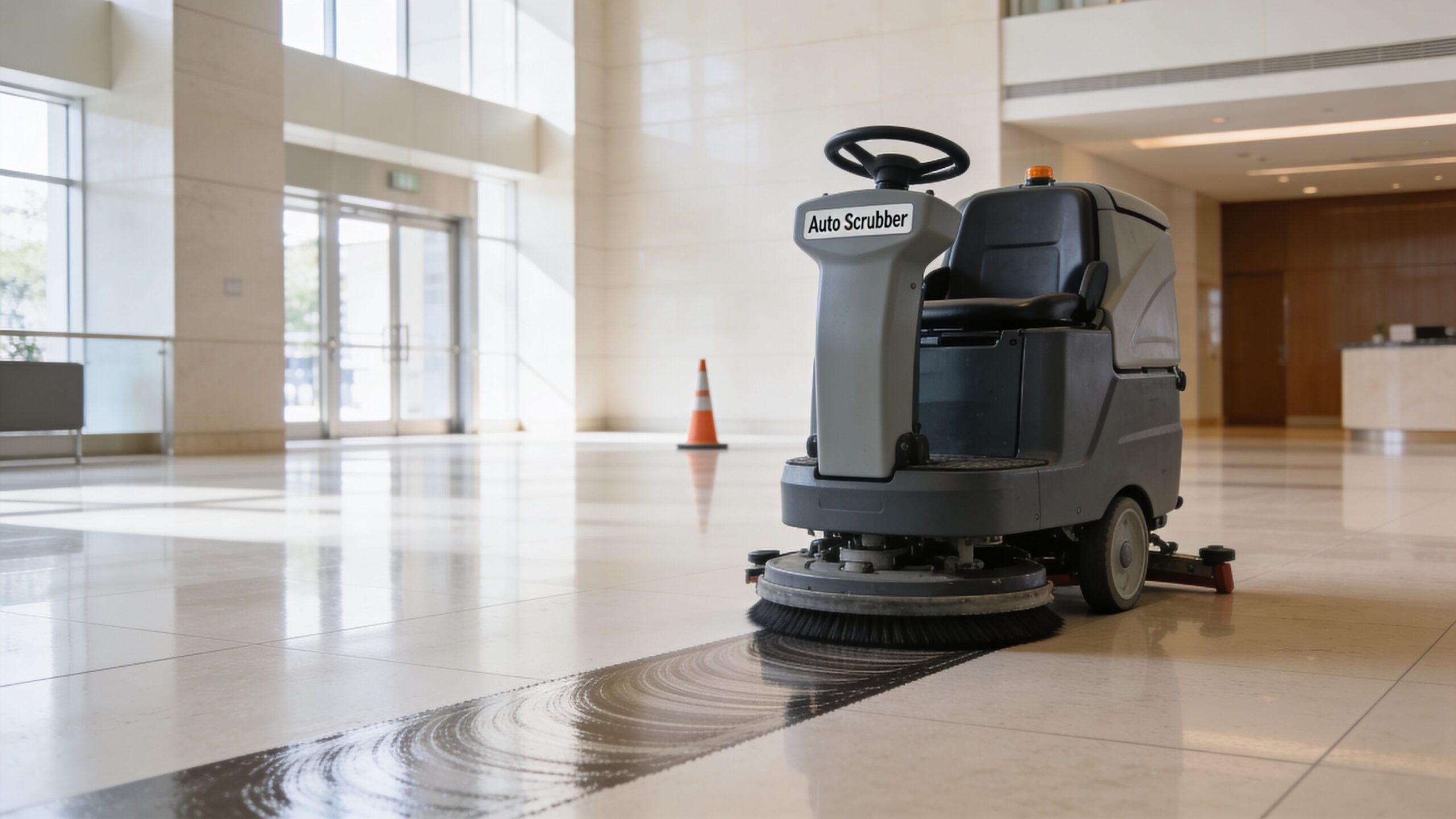 A professional industrial floor cleaning machine scrubs a large, polished white marble lobby floor.