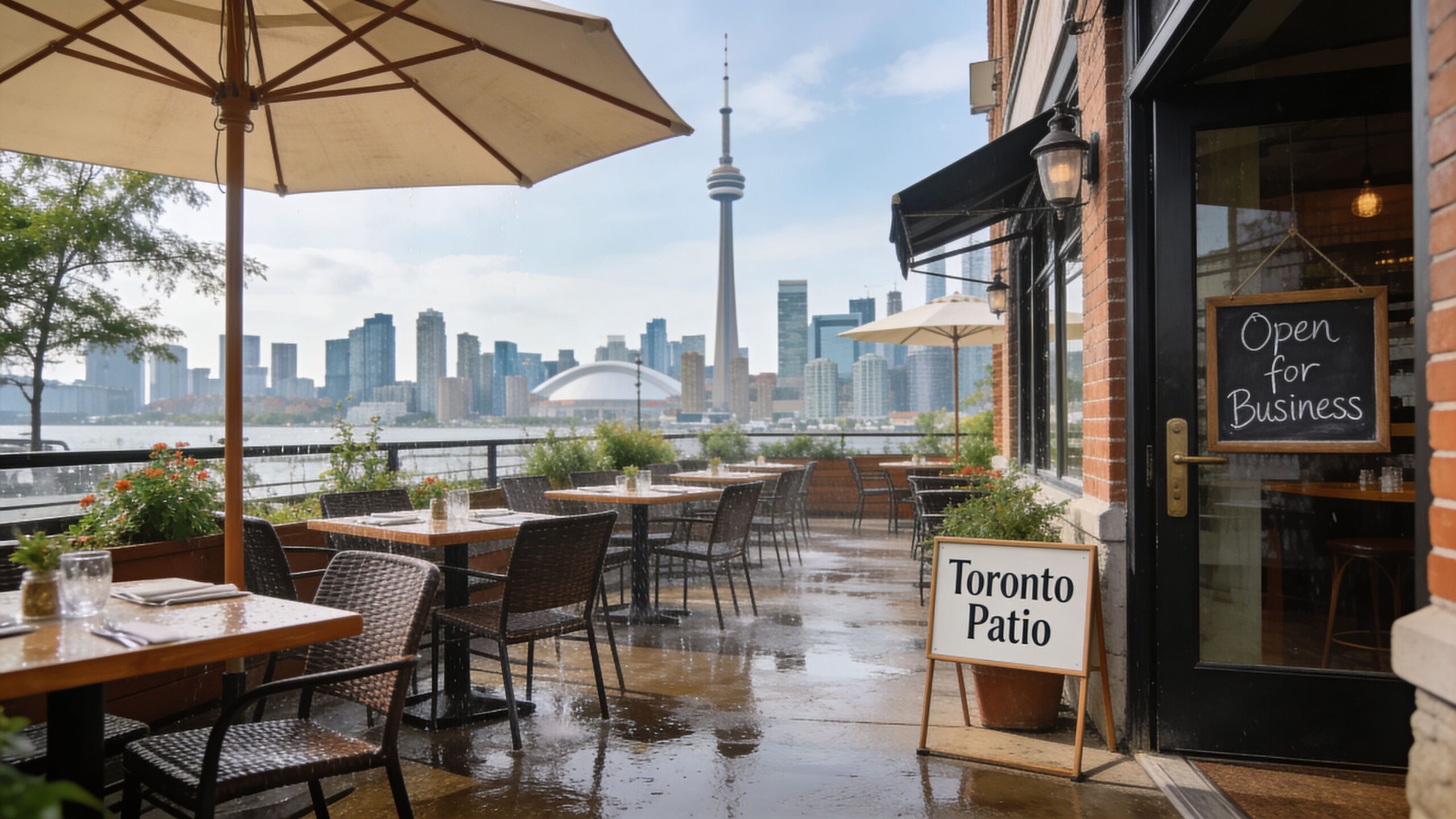 A rainy outdoor patio overlooking the Toronto skyline with the CN Tower visible in the background.