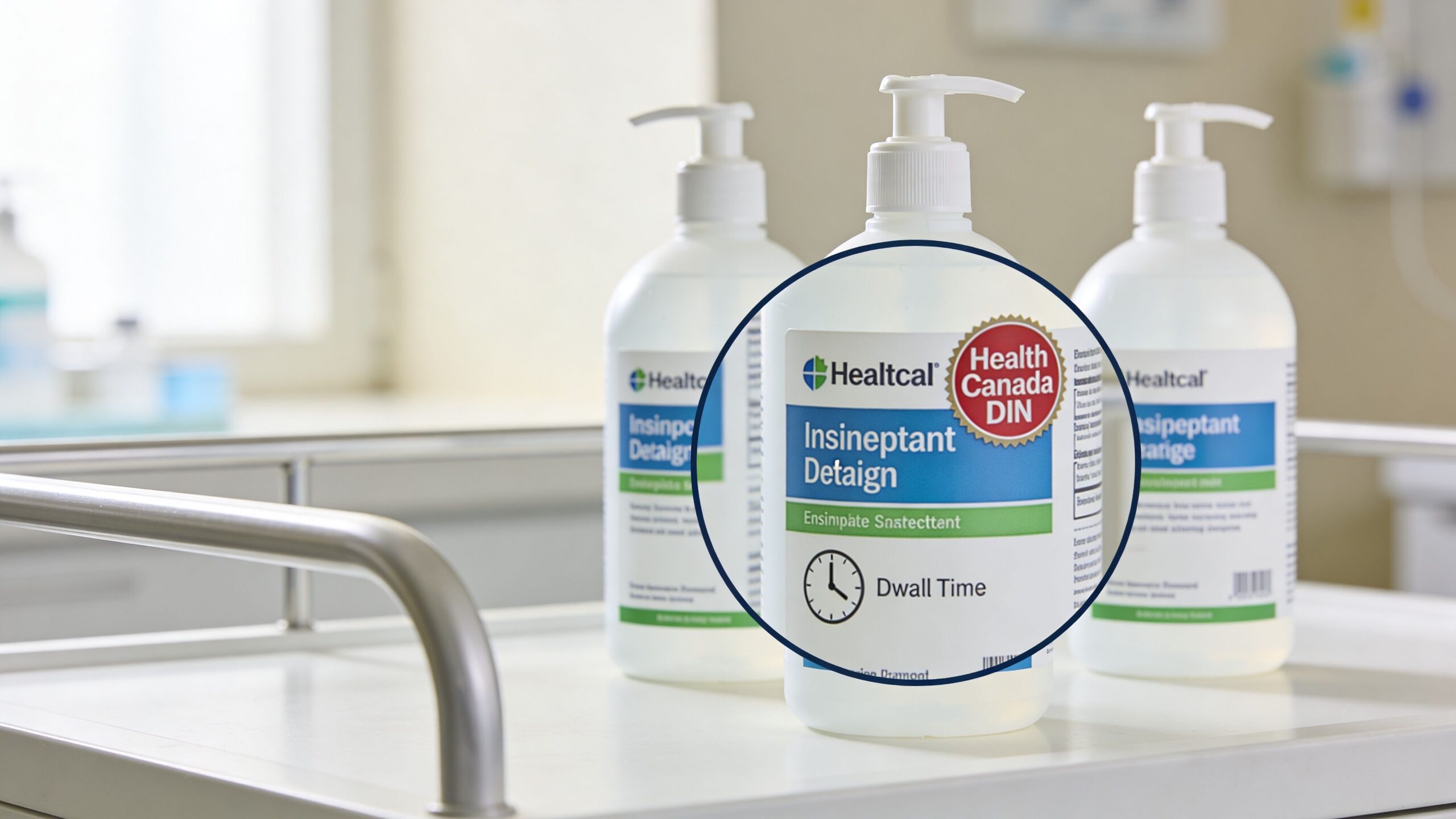 Three bottles of Healtcal hand sanitizer positioned on a medical cart in a healthcare environment.