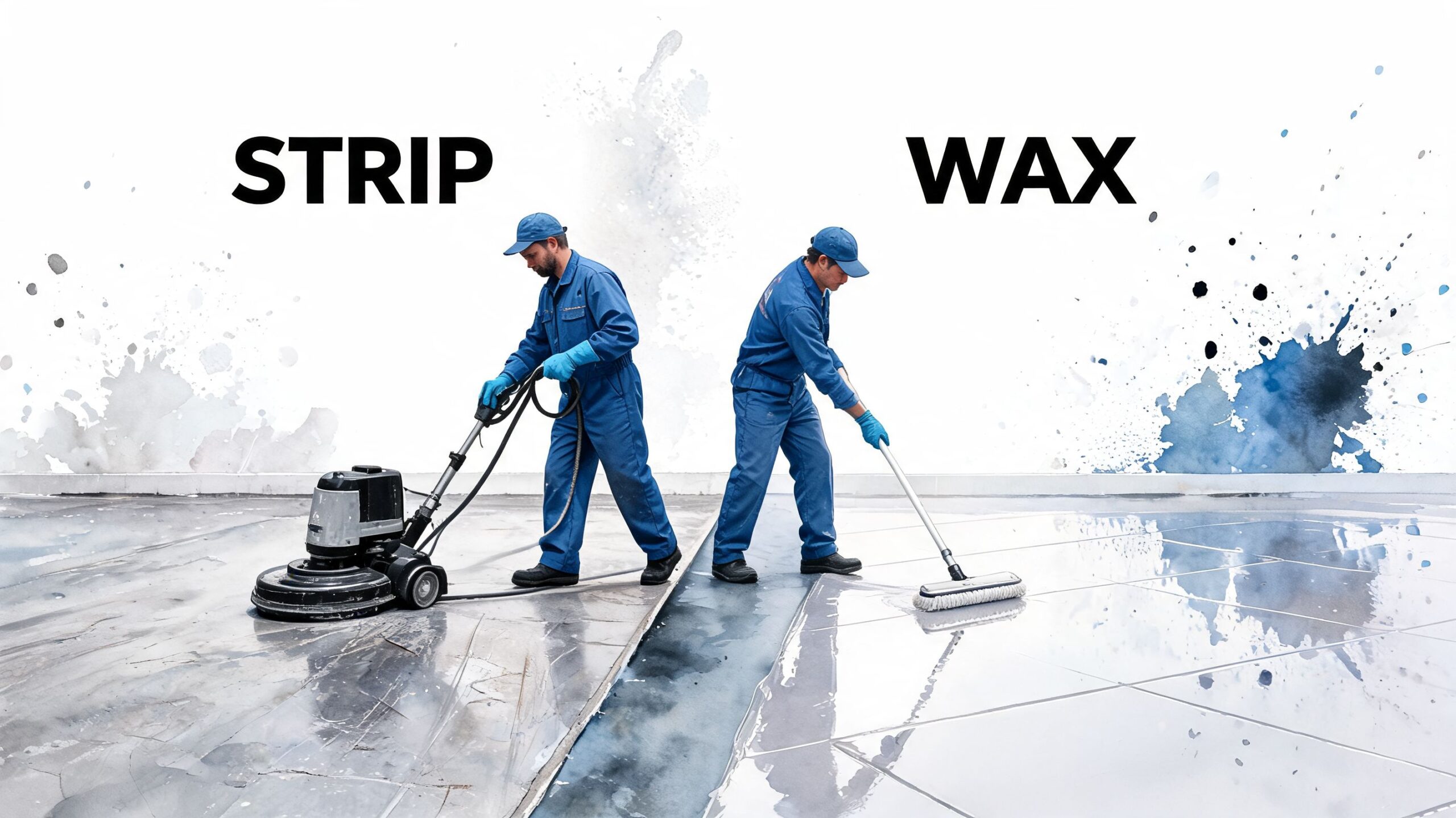 Two professional cleaners in blue uniforms stripping and waxing a commercial floor surface with specialized equipment.