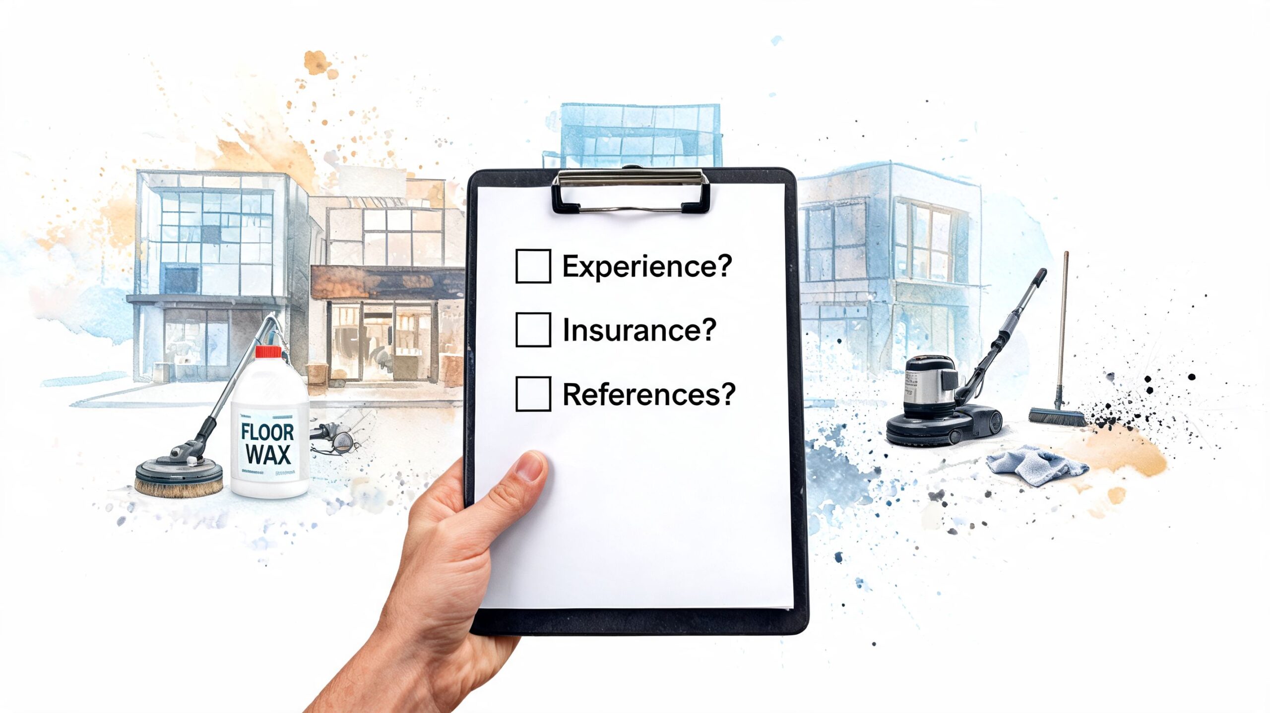 A hand holding a clipboard with a checklist for commercial floor waxing services over a painted background.