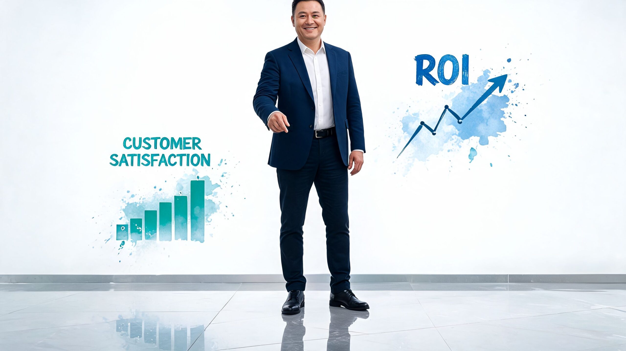 A smiling businessman standing in a modern office with visual overlays of customer satisfaction and ROI growth charts.