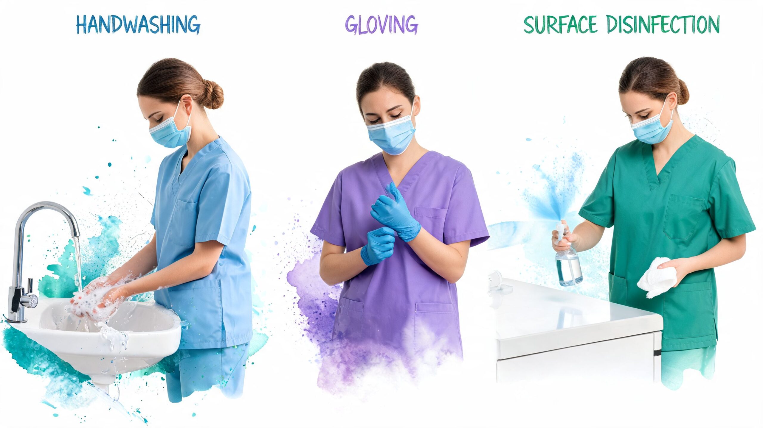 A dental healthcare worker demonstrating proper handwashing, gloving techniques, and surface disinfection for a clean environment.