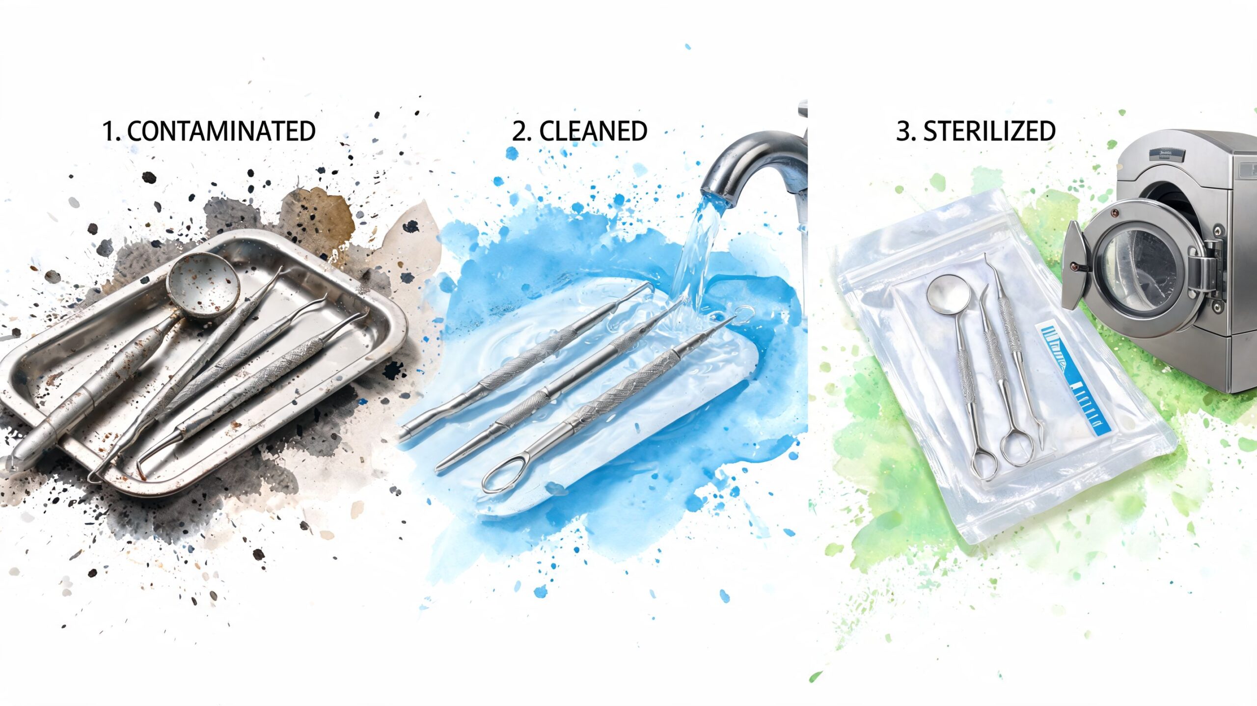 A three-step process showing contaminated dental instruments being cleaned under water and then sterilized in a sealed pouch.