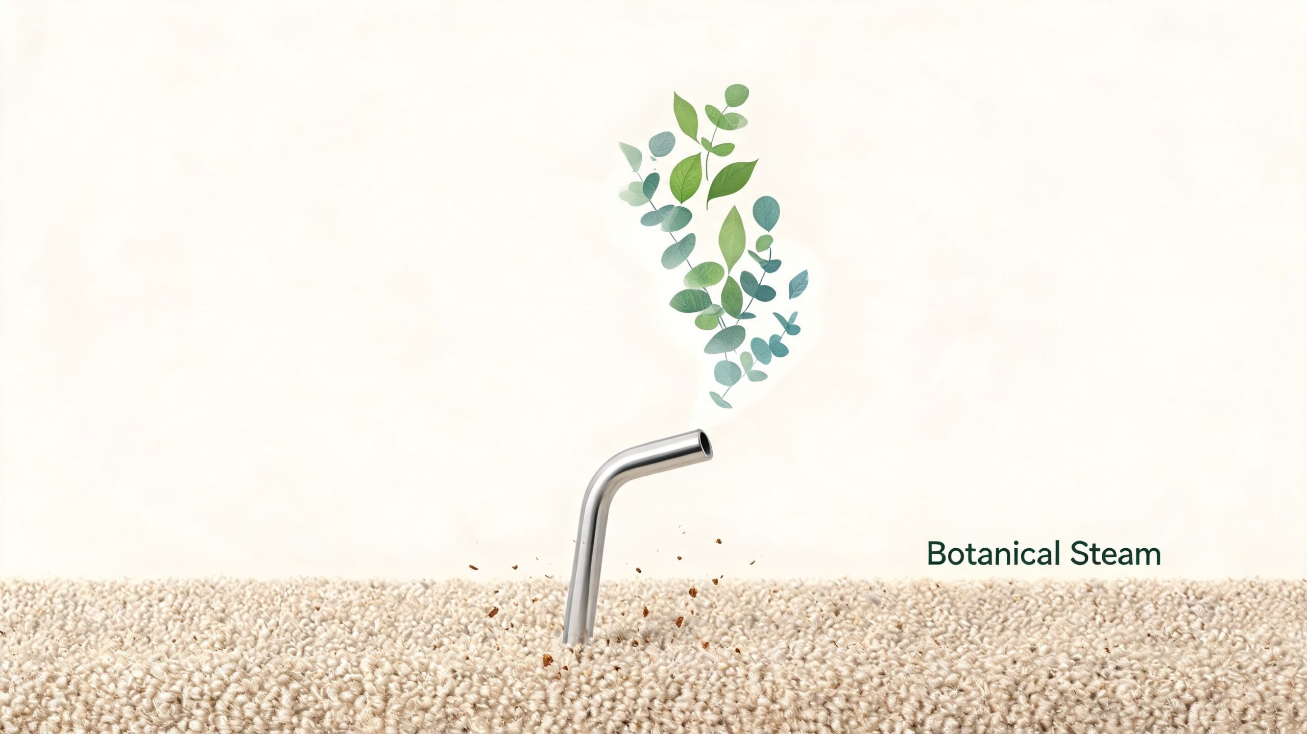 A metallic steam pipe emerging from a carpet releasing fresh green eucalyptus leaves instead of steam.