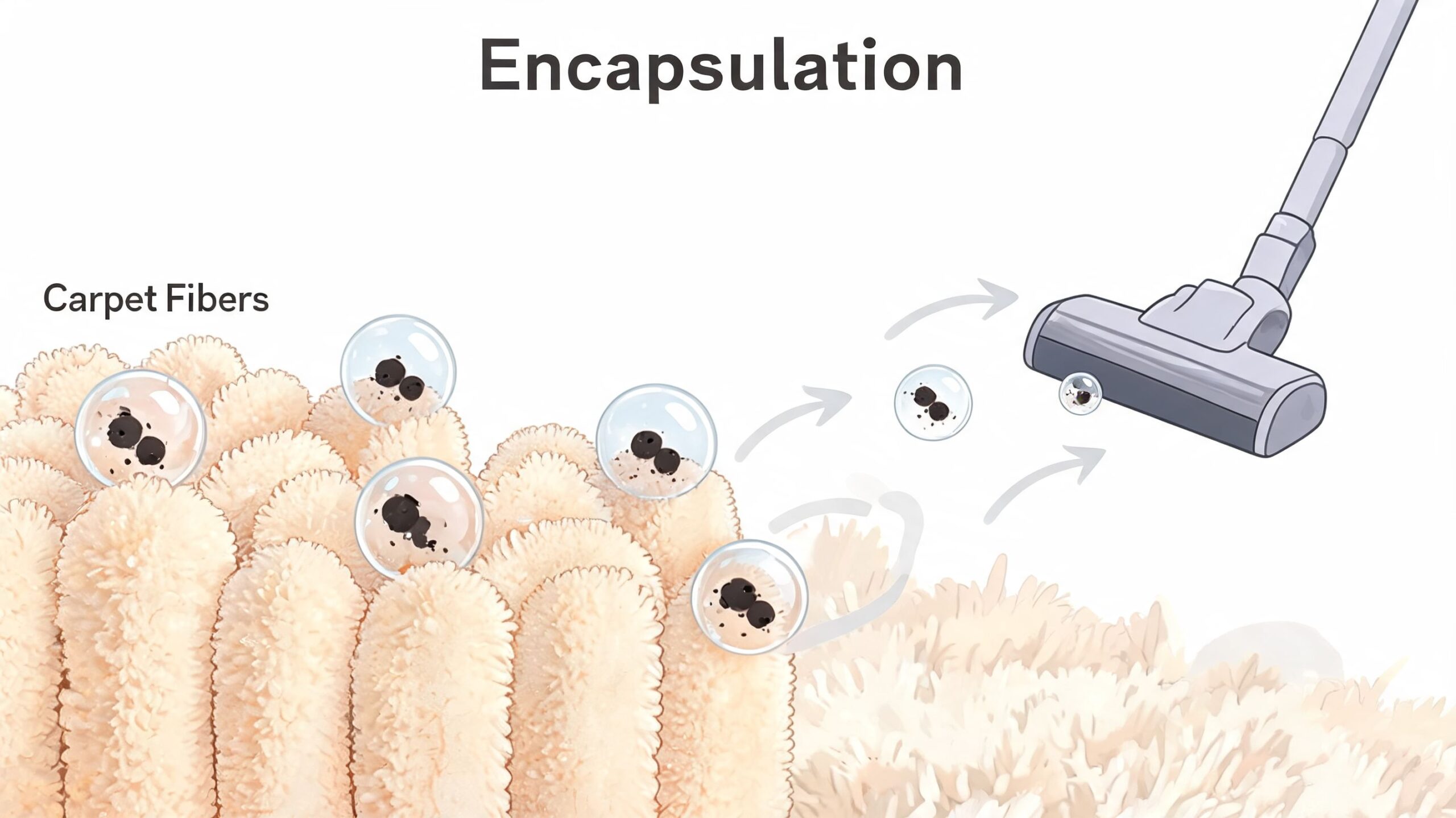 A diagram illustrating how encapsulation technology traps carpet dirt inside bubbles to be removed by vacuuming.
