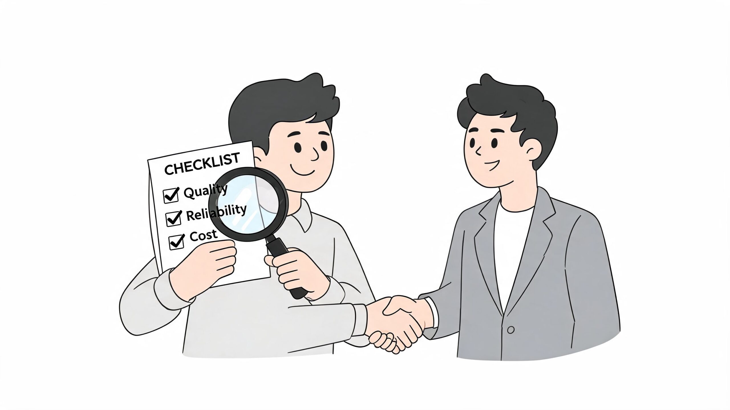 Two professional business partners shaking hands while reviewing a quality, reliability, and cost checklist with a magnifying glass.